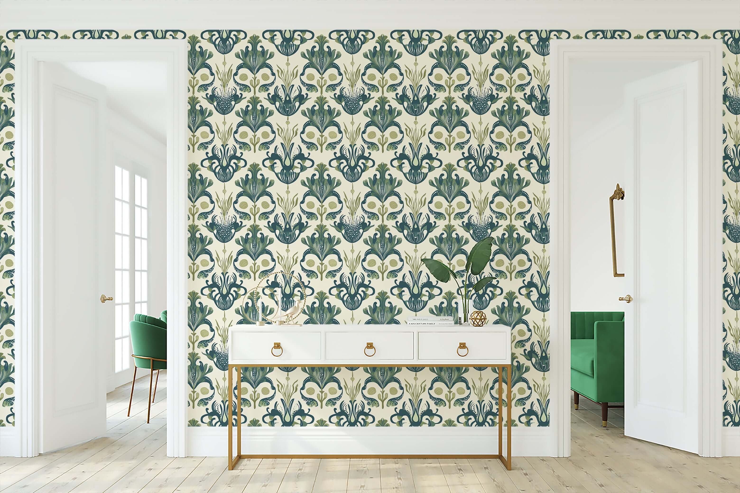 Deep Sea Splendor wallpaper with octopus damask pattern, marine vintage design in oceanic greens for coastal interiors.