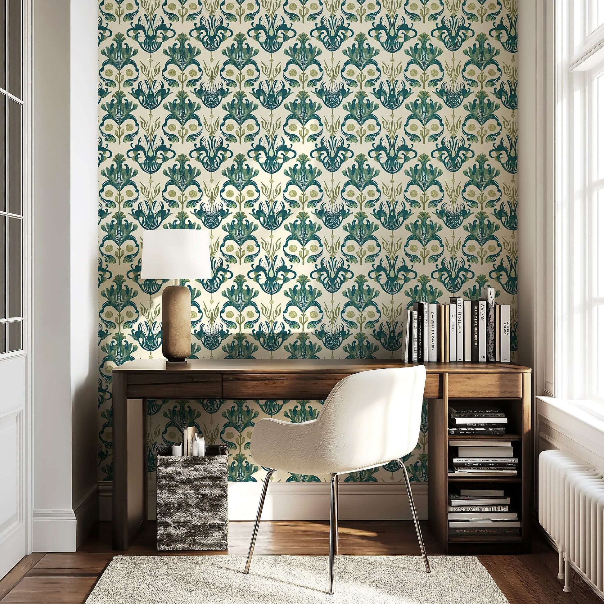 Deep Sea Splendor wallpaper featuring octopus damask patterns in oceanic greens, adding coastal beauty to a room.