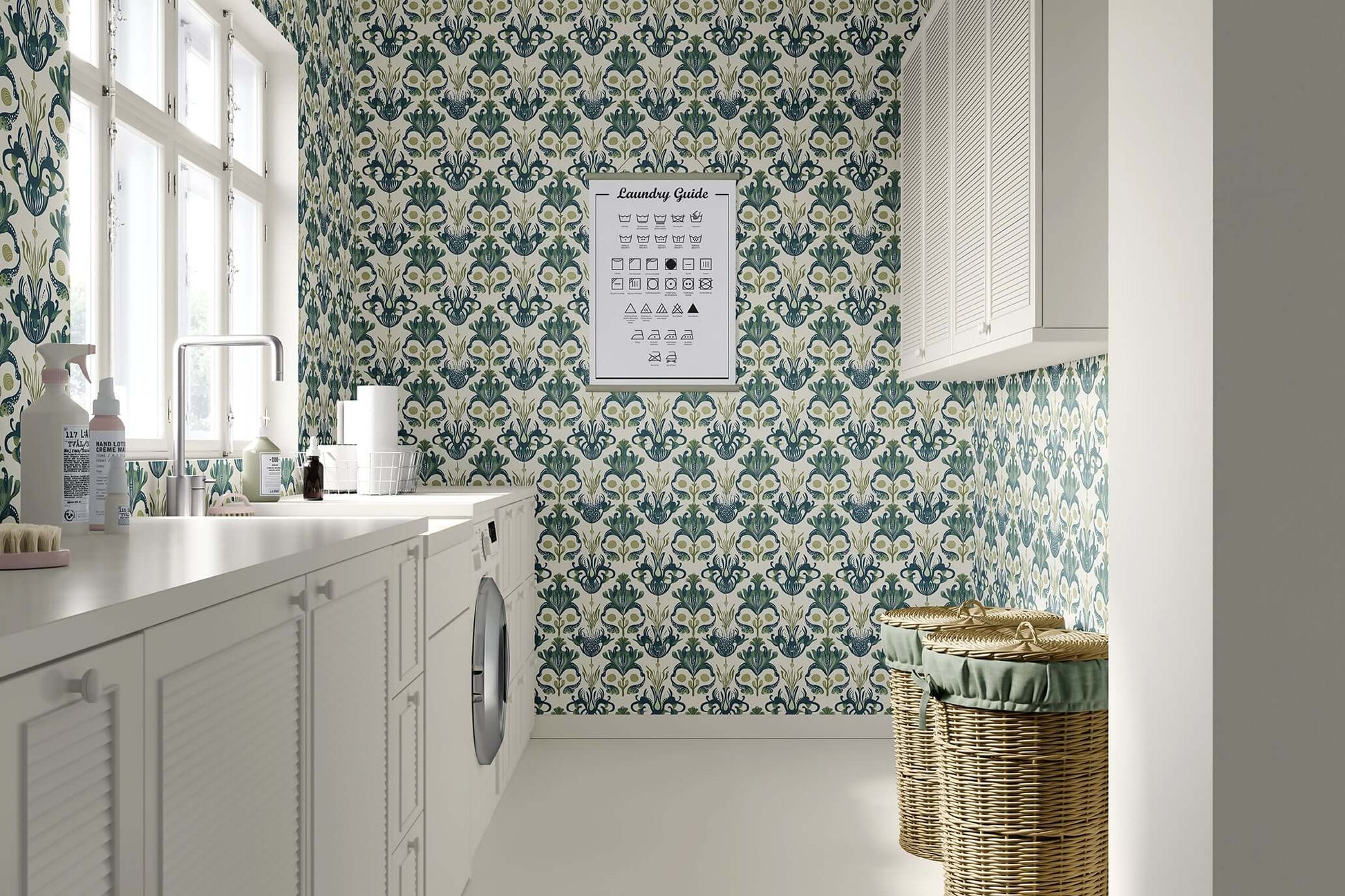 Laundry room with Deep Sea Splendor wallpaper featuring damask marine-inspired design in coastal green tones.