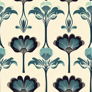 Art Nouveau Botanique wallpaper featuring teal floral motifs with leaves, showcasing vintage-inspired, modern design elegance.