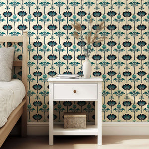 Art Nouveau Botanique wallpaper with floral and leaf motifs in teal, cream, and black, enhancing a cozy bedroom's modern design.