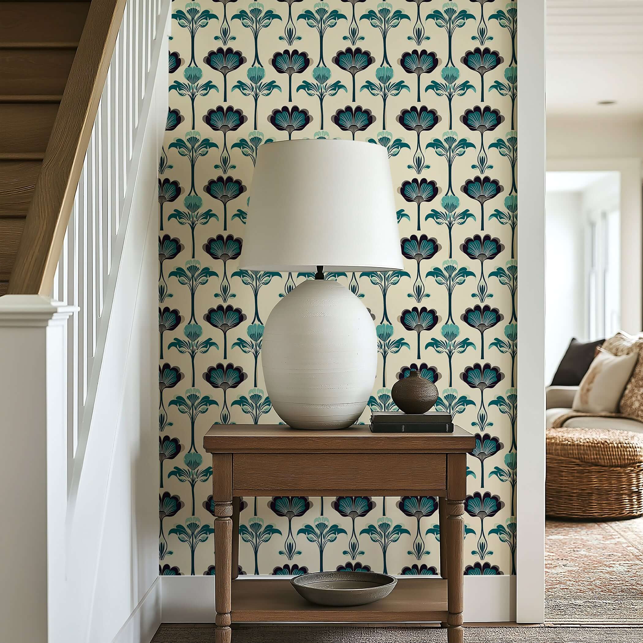 Art Nouveau Botanique wallpaper with teal and cream floral pattern, featuring modern design and organic curves in a home interior.