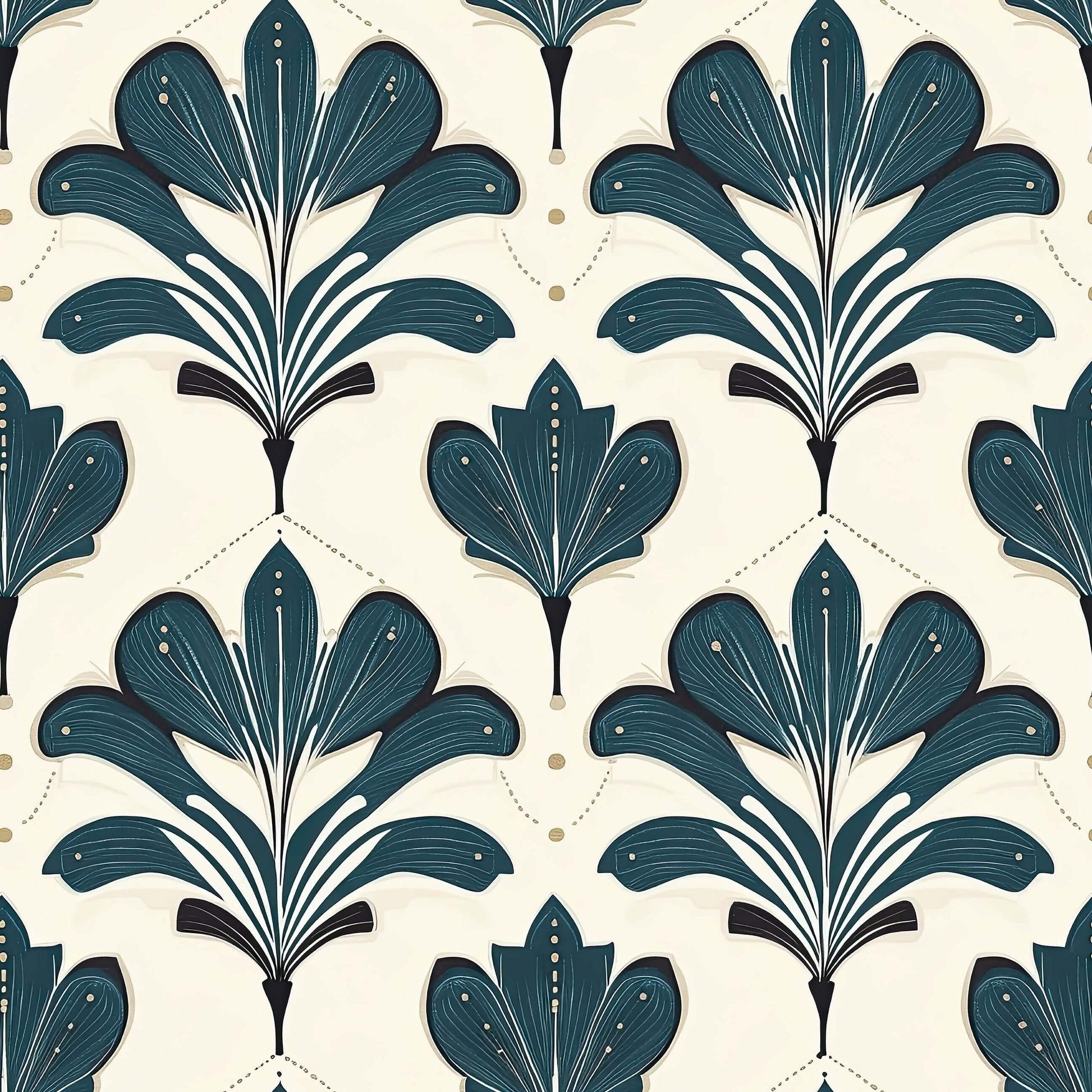 Art Nouveau florals in Elysian Green wallpaper, showcasing stylized botanical forms on a cream background. Perfect for elegant decor.