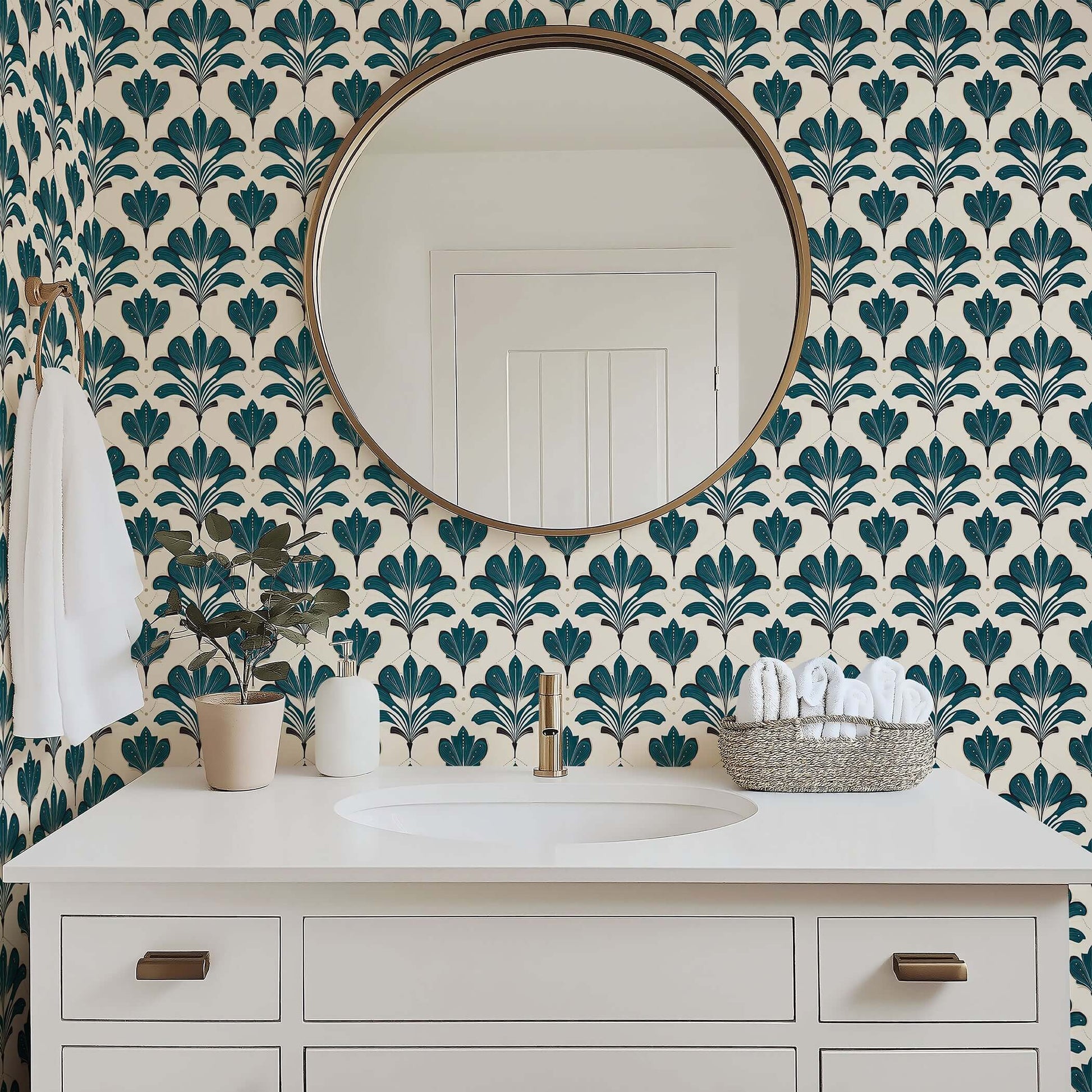 Elysian Green Wallpaper showcasing Art Nouveau florals in emerald on a cream background, styling a vintage bathroom with elegance.