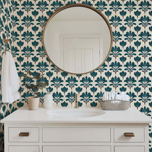 Elysian Green Wallpaper showcasing Art Nouveau florals in emerald on a cream background, styling a vintage bathroom with elegance.