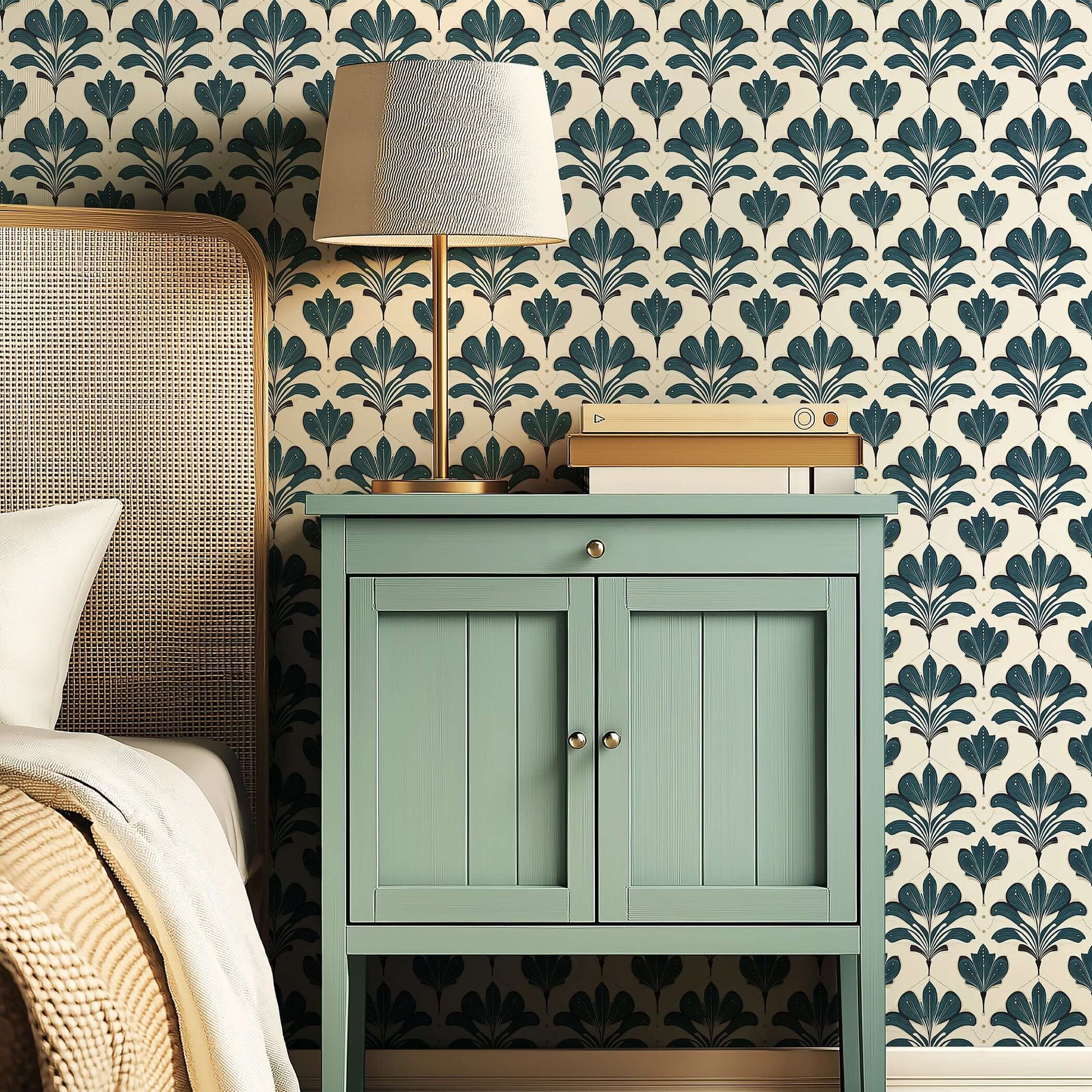 Art Nouveau styled Elysian Green wallpaper with floral design in a bedroom setting, featuring a green nightstand and a table lamp.