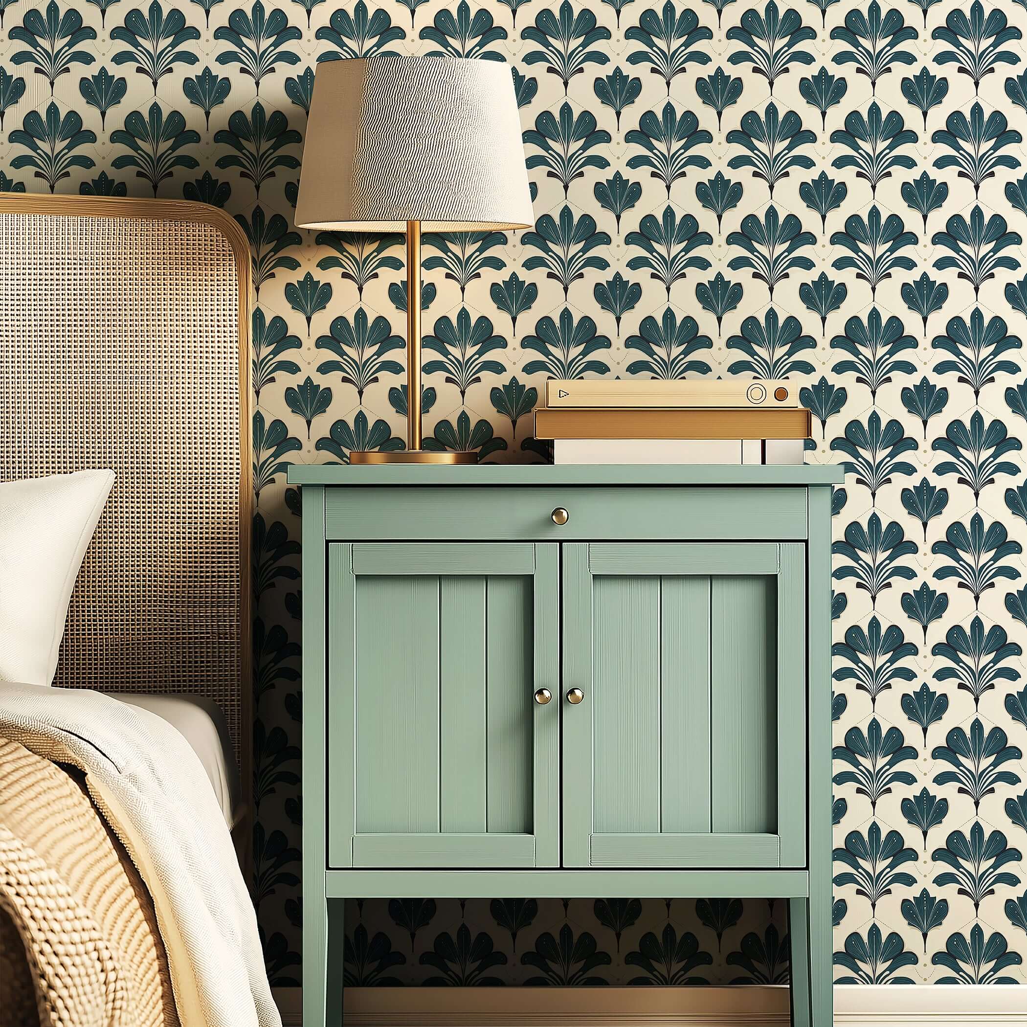 Art Nouveau styled Elysian Green wallpaper with floral design in a bedroom setting, featuring a green nightstand and a table lamp.