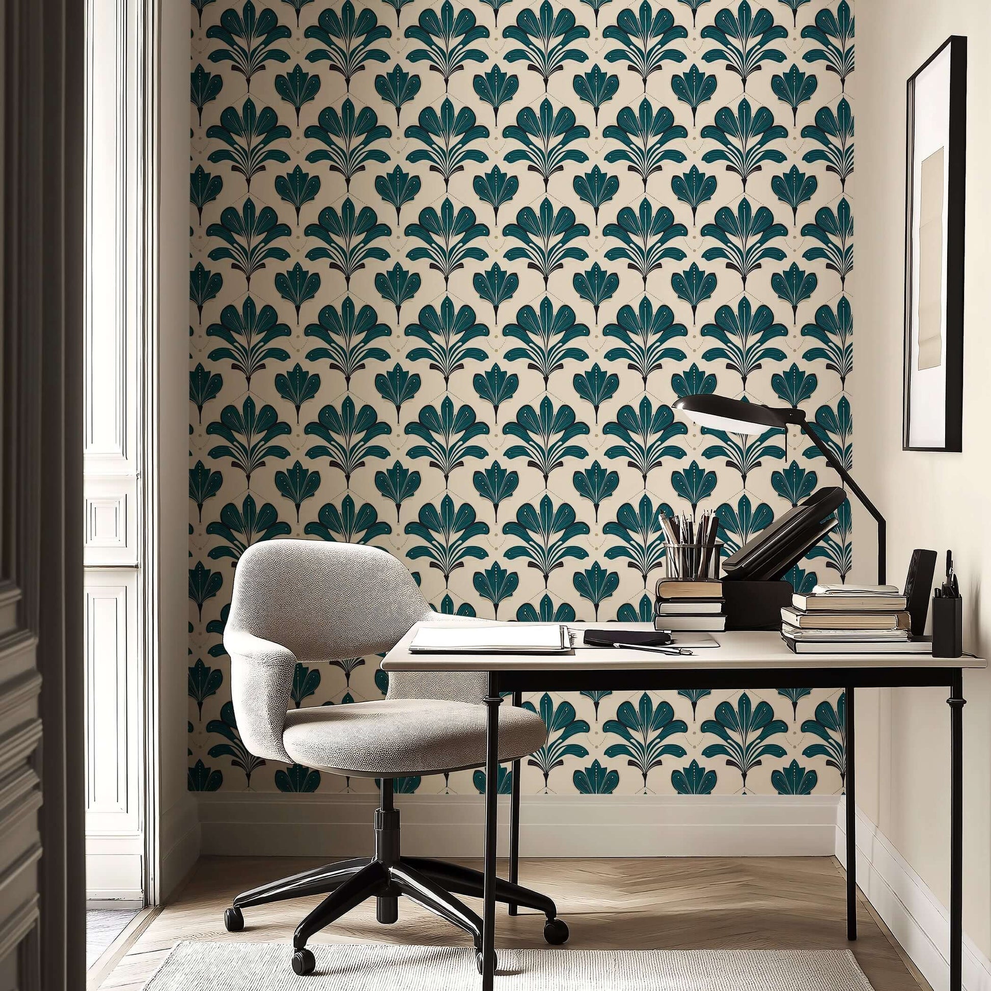 Elysian Green art nouveau floral wallpaper with emerald botanical motifs on cream background in a classic study room.