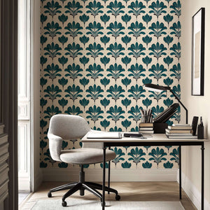 Elysian Green art nouveau floral wallpaper with emerald botanical motifs on cream background in a classic study room.