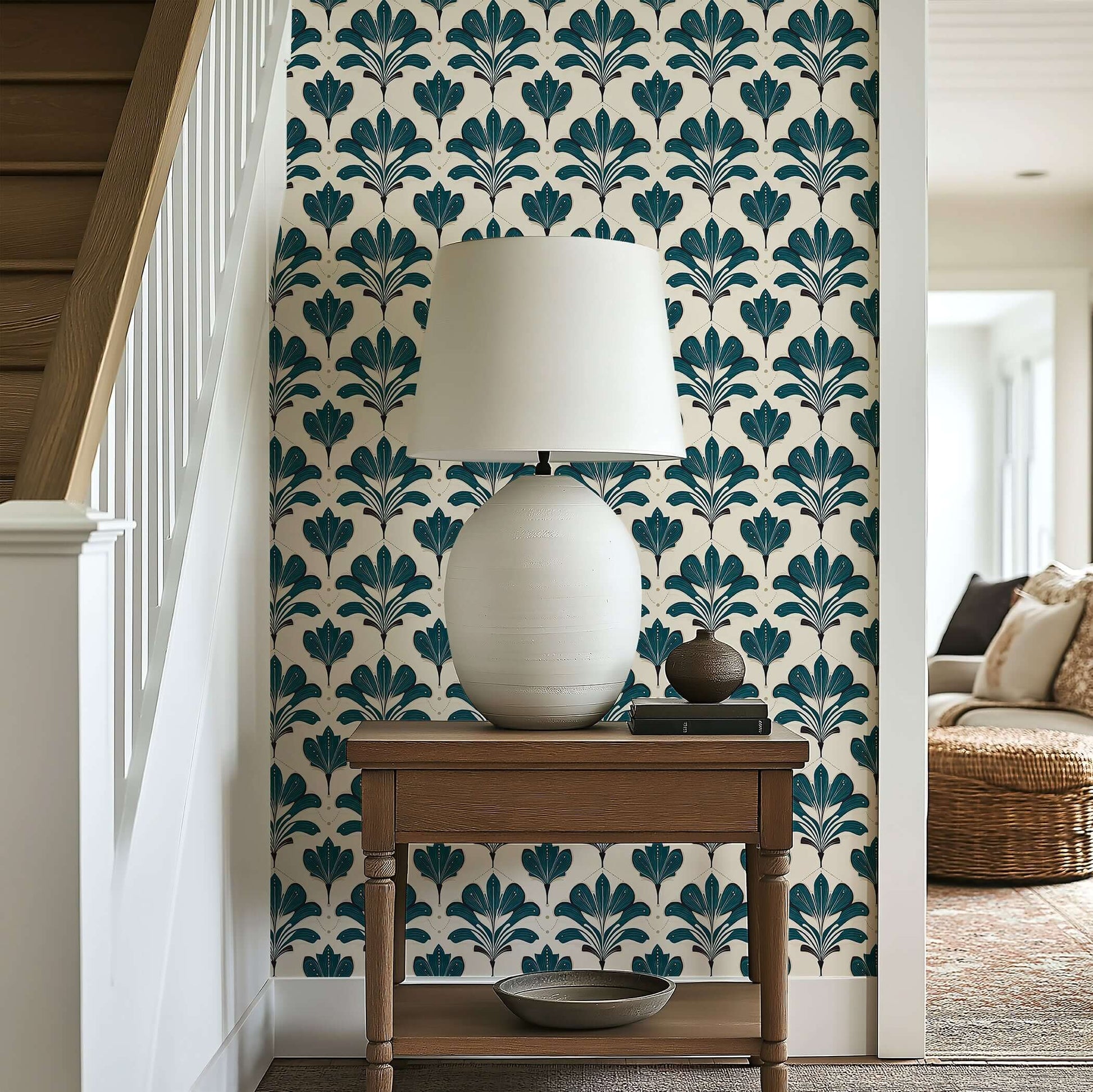 Elysian Green Wallpaper featuring Art Nouveau florals in emerald on cream background, enhancing a hallway with vintage elegance.