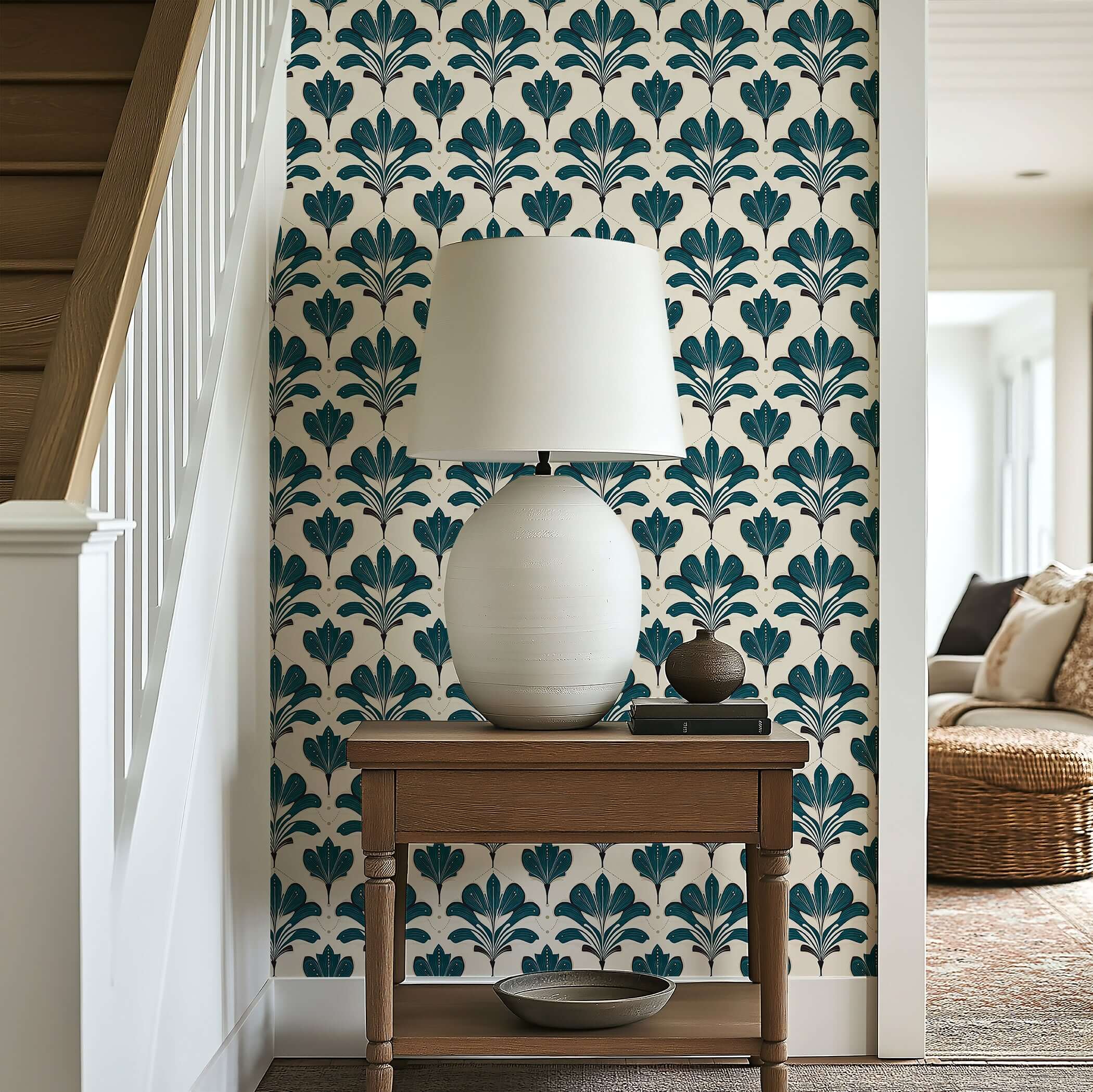 Elysian Green Wallpaper featuring Art Nouveau florals in emerald on cream background, enhancing a hallway with vintage elegance.