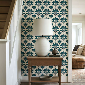 Elysian Green Wallpaper featuring Art Nouveau florals in emerald on cream background, enhancing a hallway with vintage elegance.
