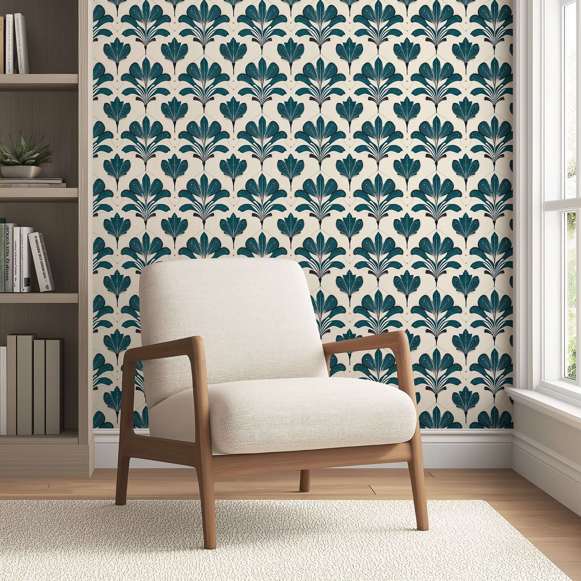 Elysian Green wallpaper with Art Nouveau floral motifs in emerald on cream, enhancing a room with vintage elegance and harmony.