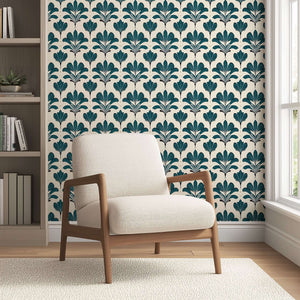 Elysian Green wallpaper with Art Nouveau floral motifs in emerald on cream, enhancing a room with vintage elegance and harmony.