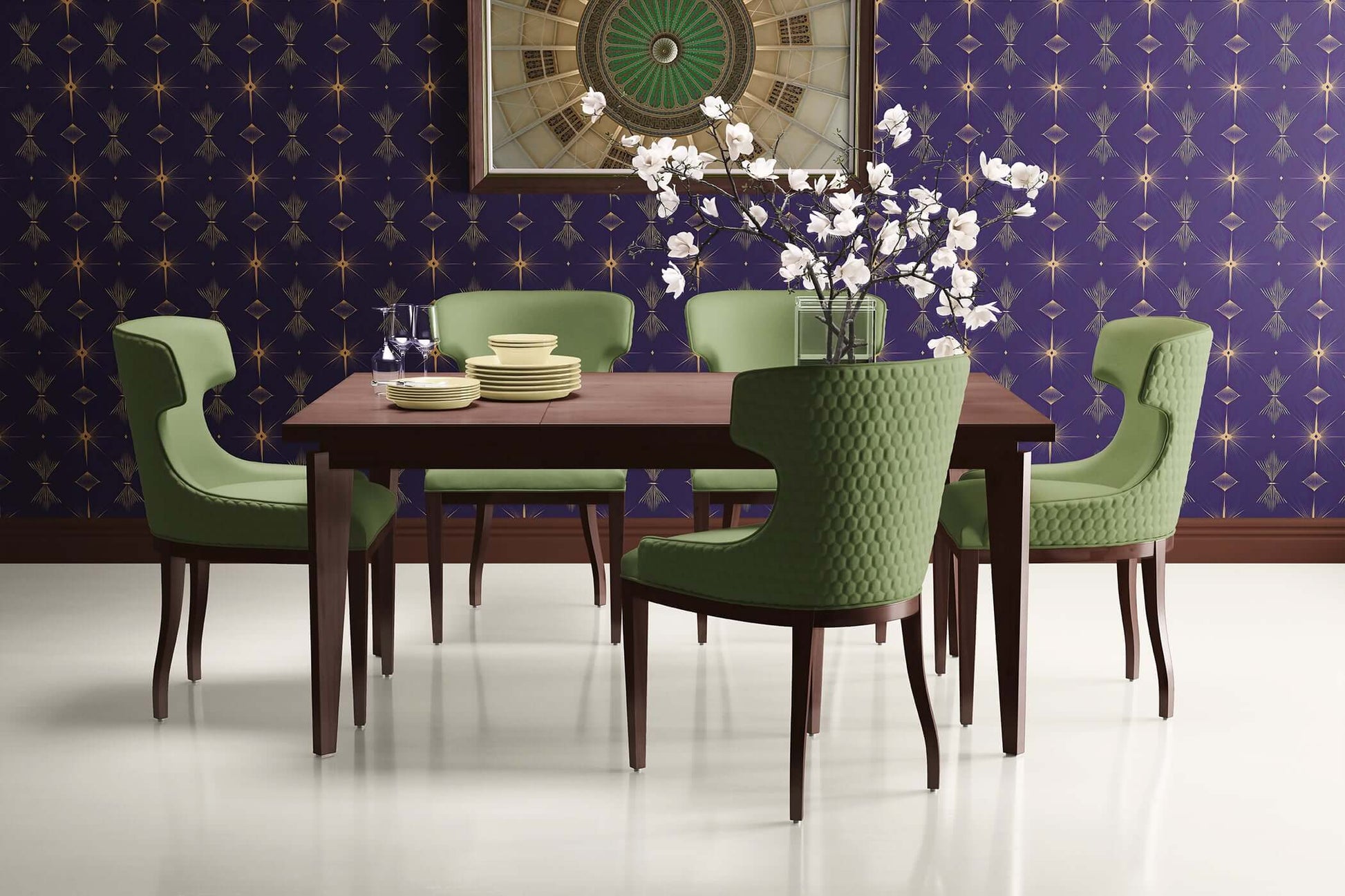 Dining room with Deco Twilight Art Deco wallpaper featuring geometric patterns, green chairs, and wooden table.