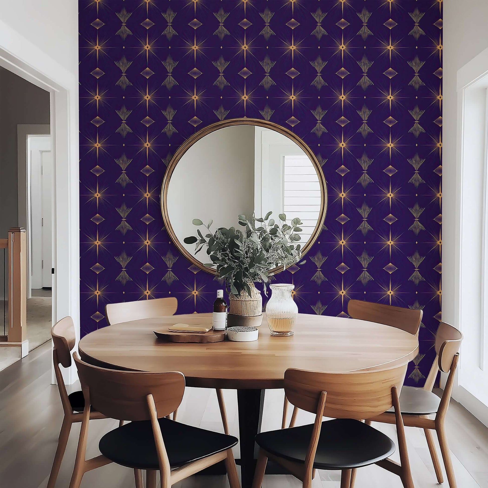 Dining room featuring Deco Twilight wallpaper with bold Art Deco geometric patterns in dark and vibrant colors, creating elegance.