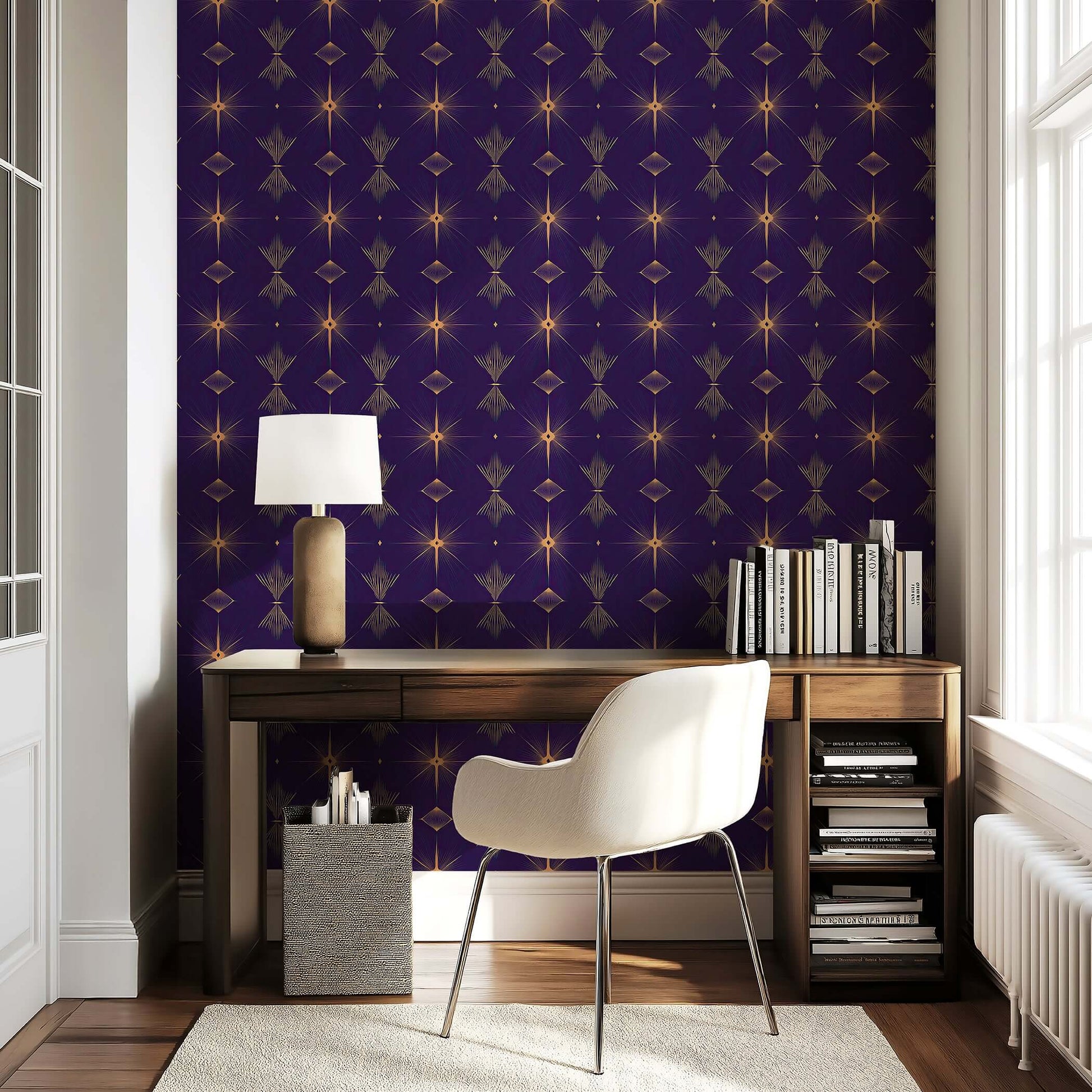 Art Deco Twilight wallpaper with dark colors and golden geometric patterns, enhancing a modern and elegant room setting.