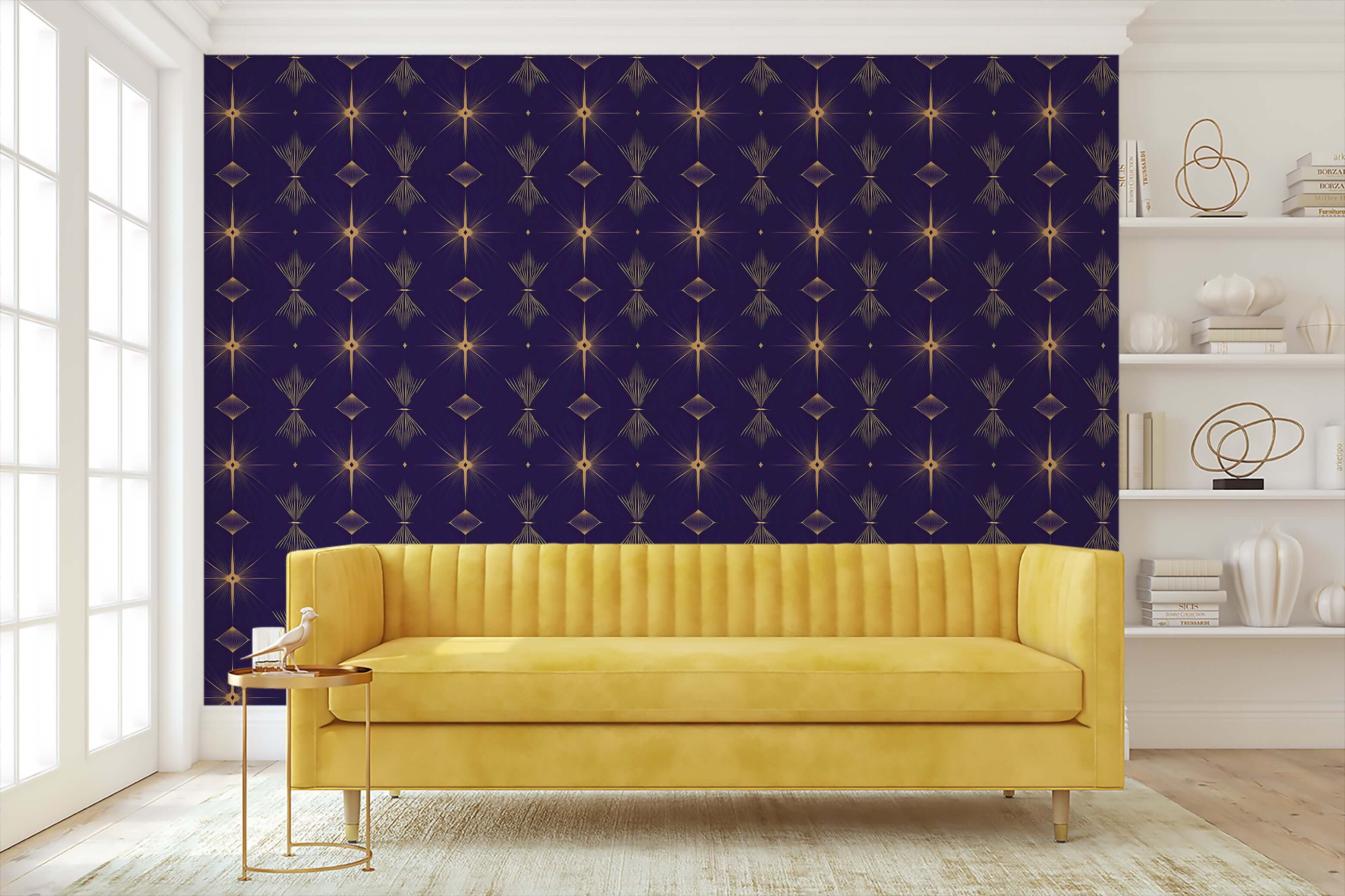 Art Deco wallpaper with golden geometric patterns in a living room featuring a yellow sofa, showcasing elegant and contemporary design.