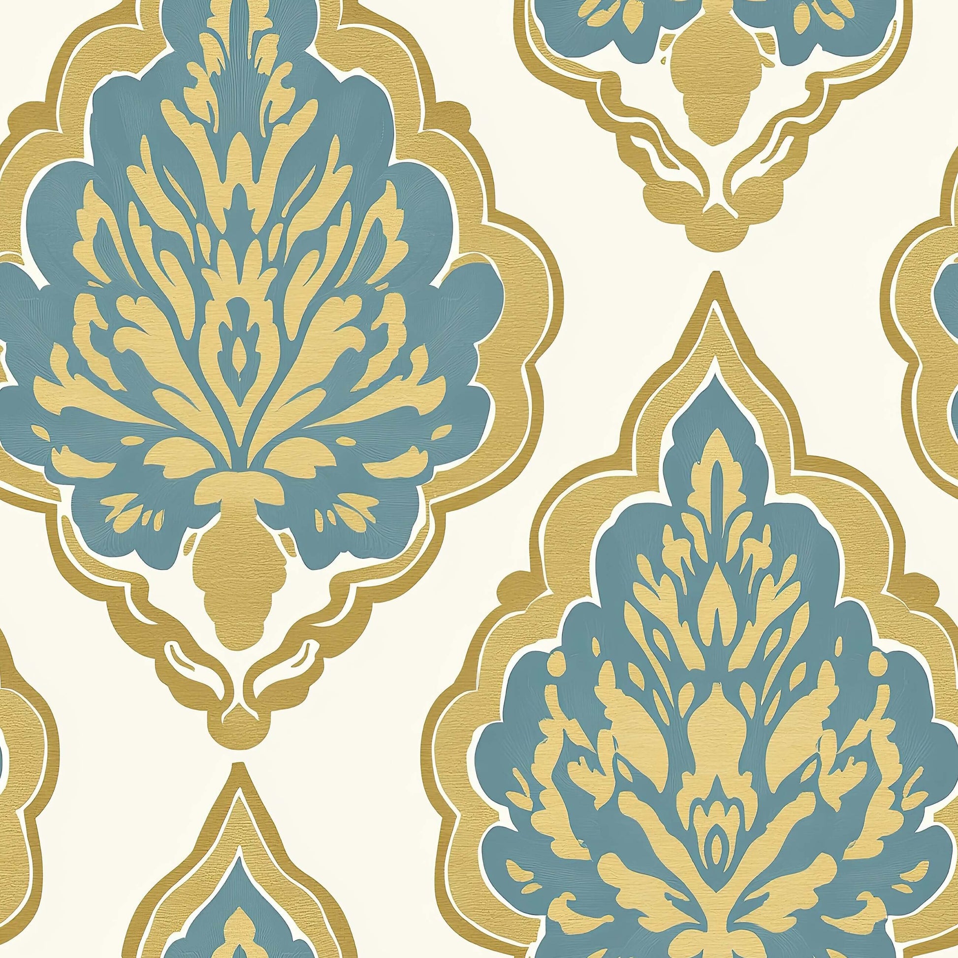 Regal Teal Damask Wallpaper with vintage teal and gold design on a neutral background, perfect for enhancing formal living spaces.
