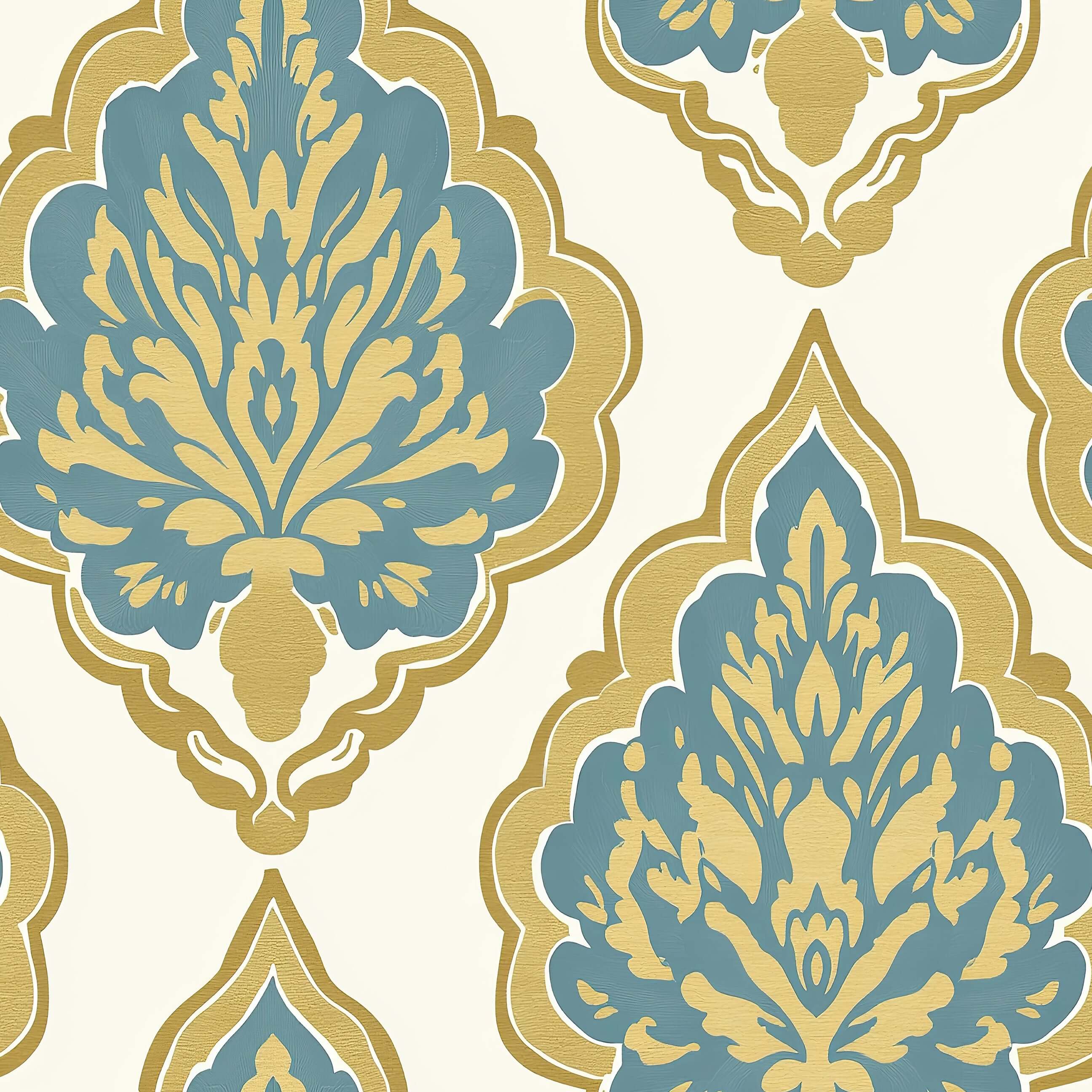 Regal Teal Damask Wallpaper with vintage teal and gold design on a neutral background, perfect for enhancing formal living spaces.