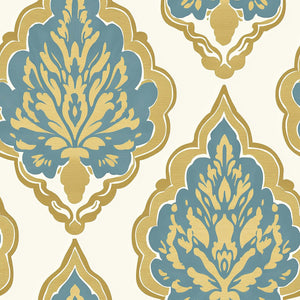 Regal Teal Damask Wallpaper with vintage teal and gold design on a neutral background, perfect for enhancing formal living spaces.