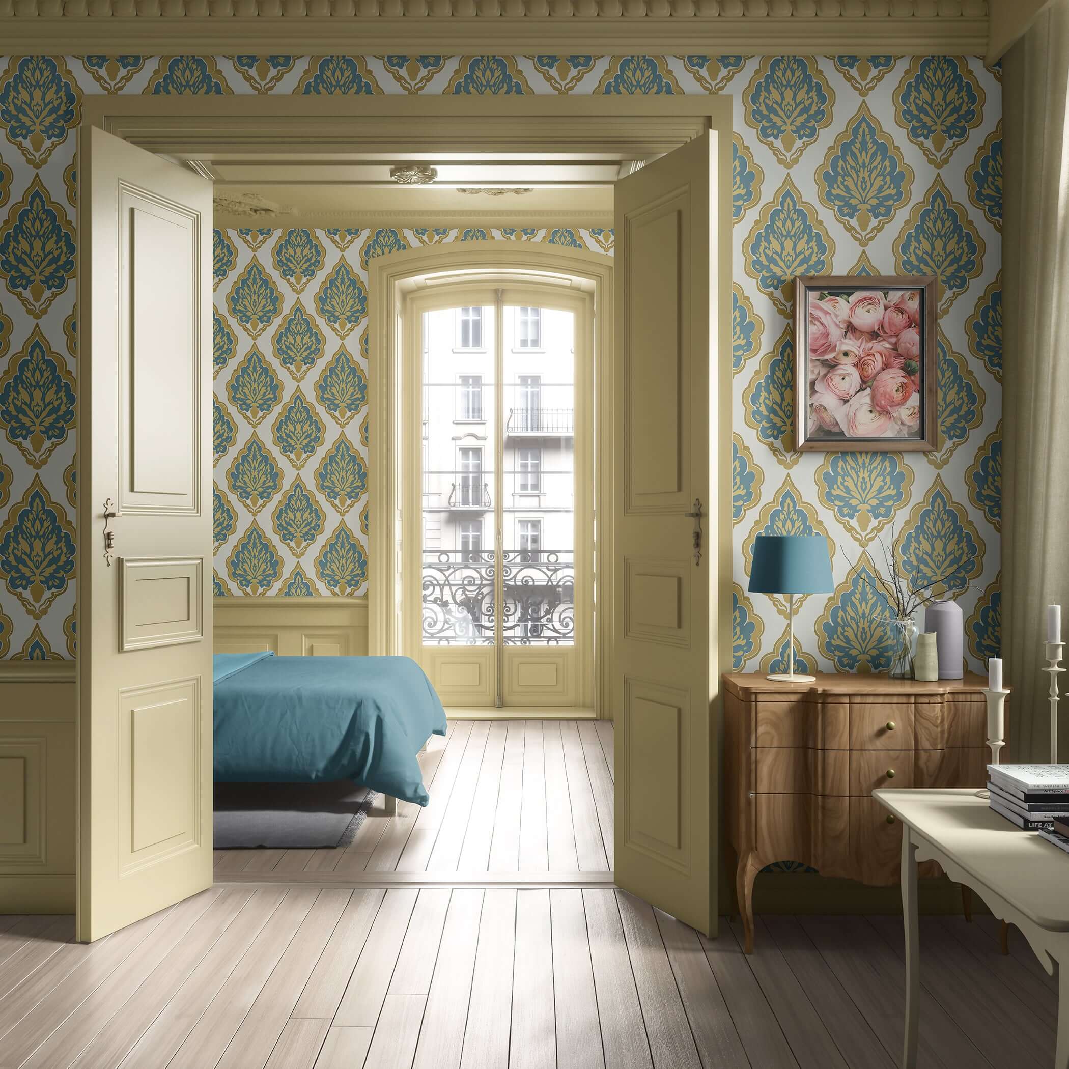 Vintage teal and gold damask wallpaper enhancing a luxurious bedroom with elegant furnishings and classic decor.
