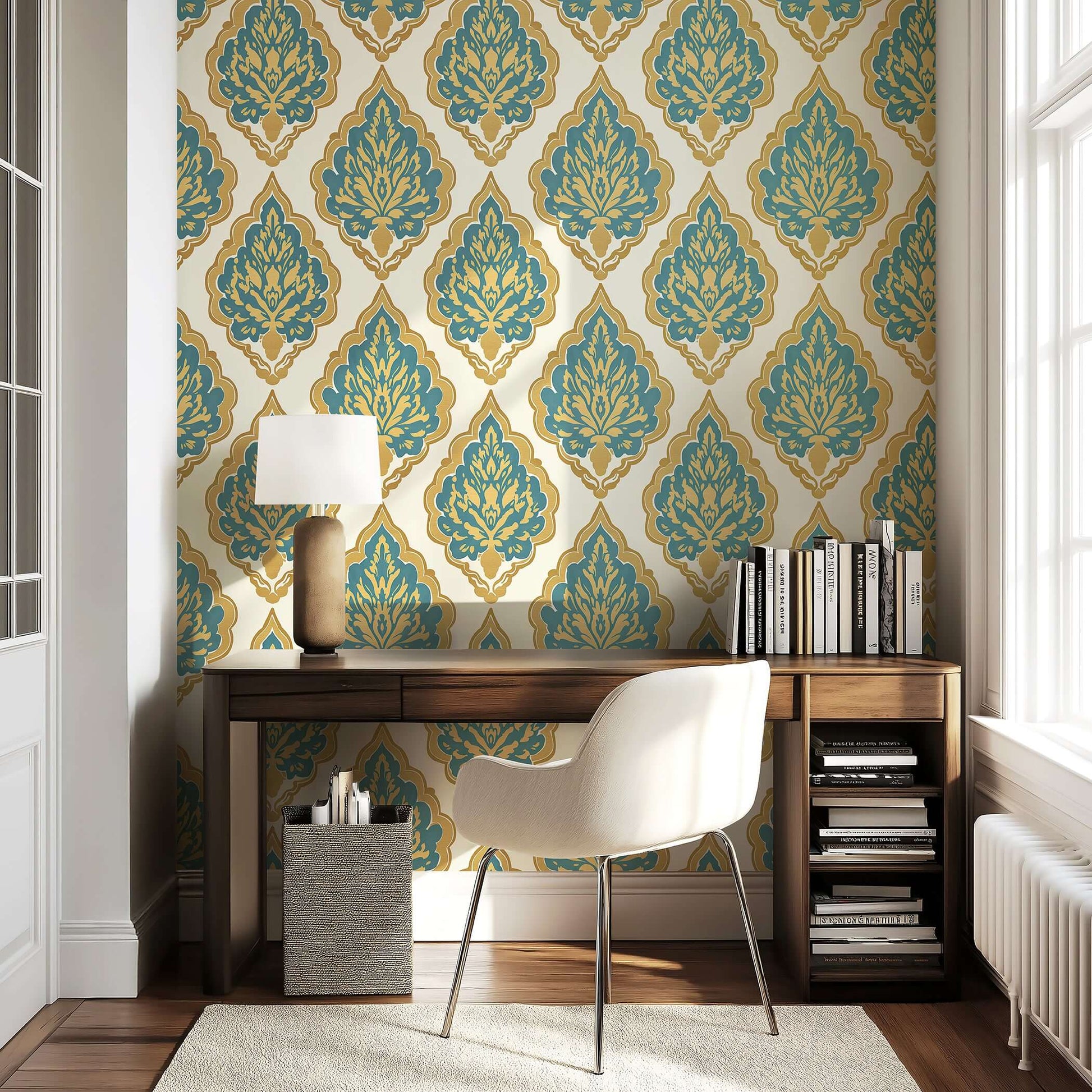 Regal teal damask wallpaper with gold accents, enhancing a modern home office space with vintage design elegance.