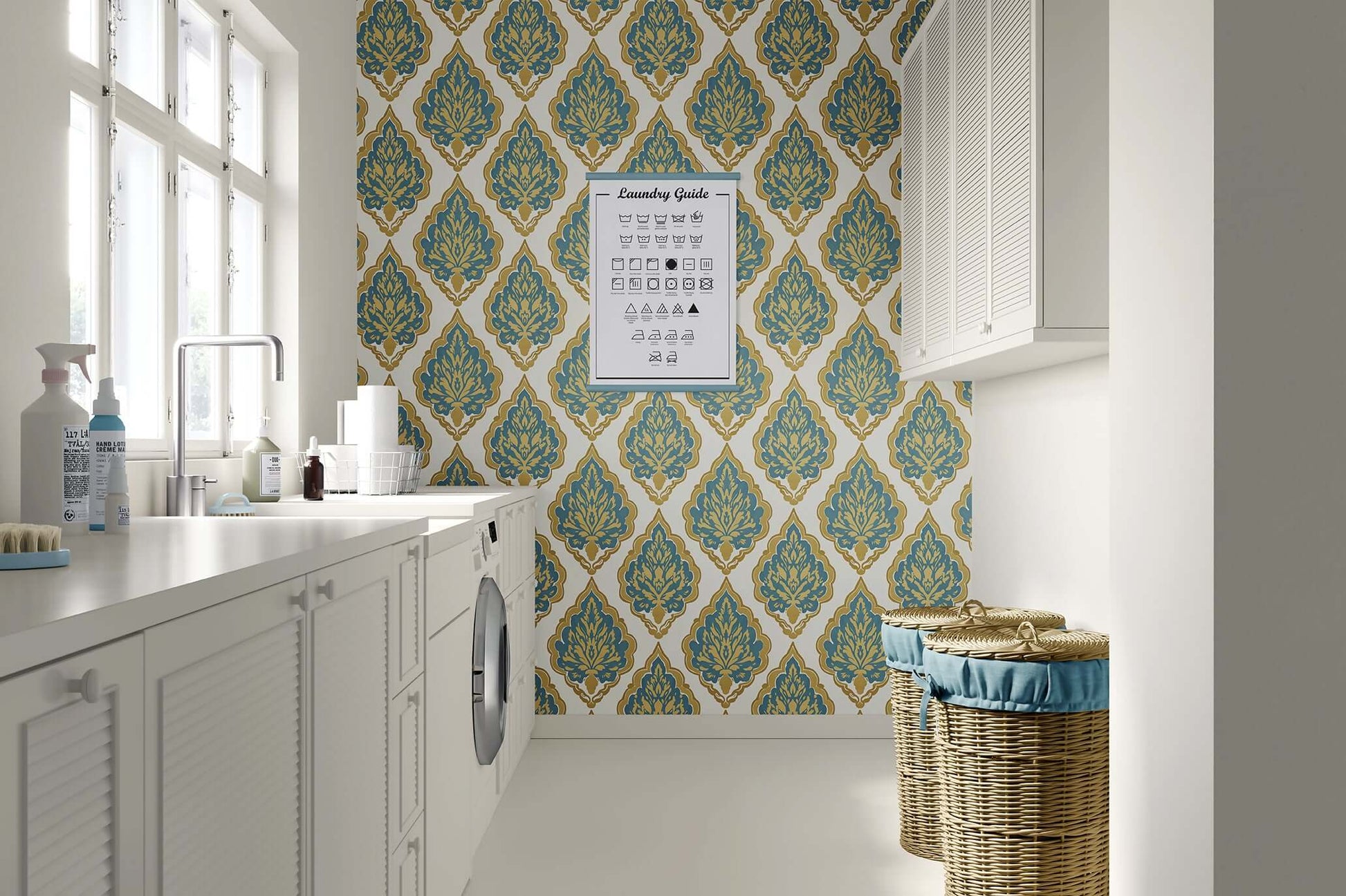 Laundry room with teal and gold damask wallpaper, enhancing a vintage design style.