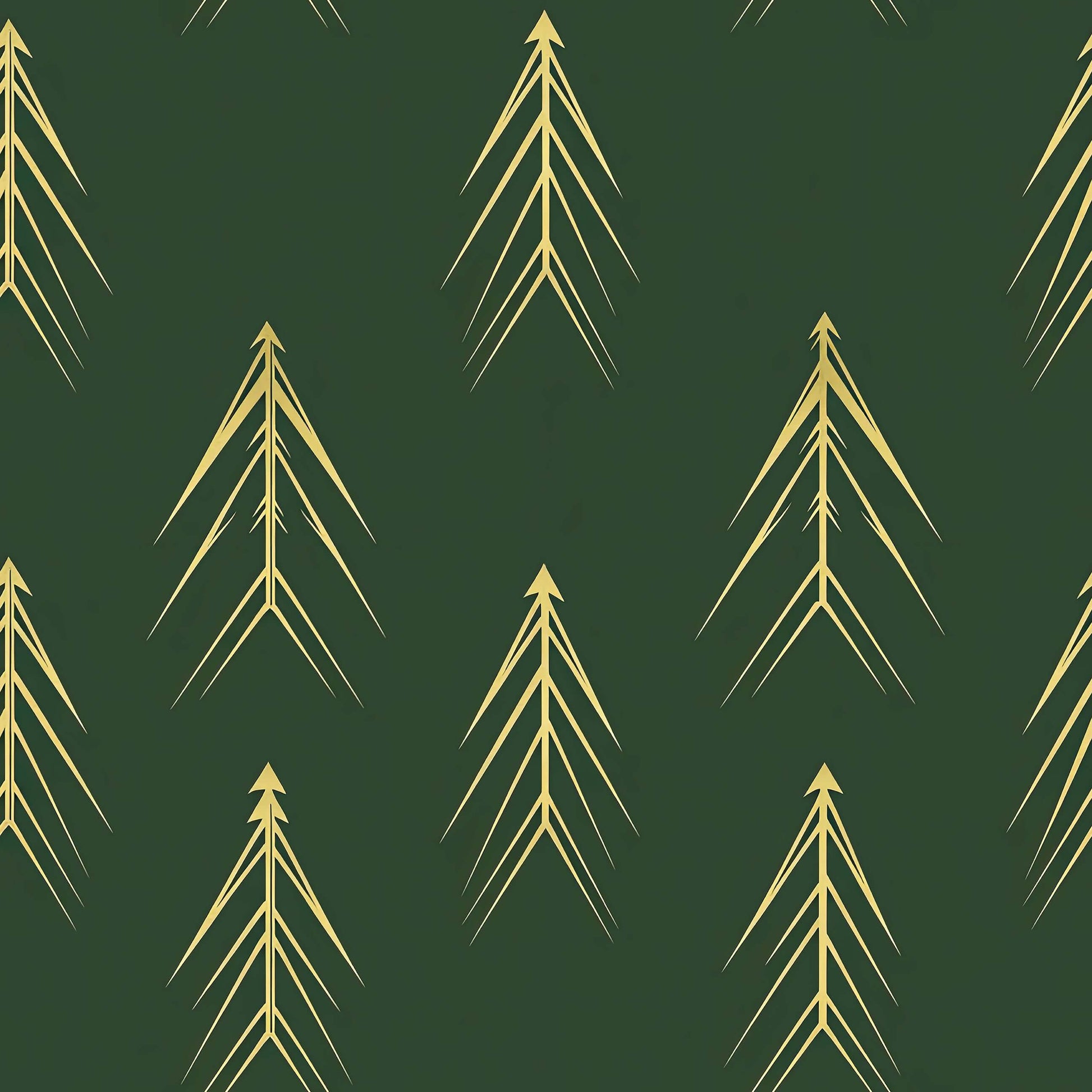 Abstract golden evergreen trees on a forest green wallpaper, showcasing modern Art Deco design for stylish trees-themed interiors.