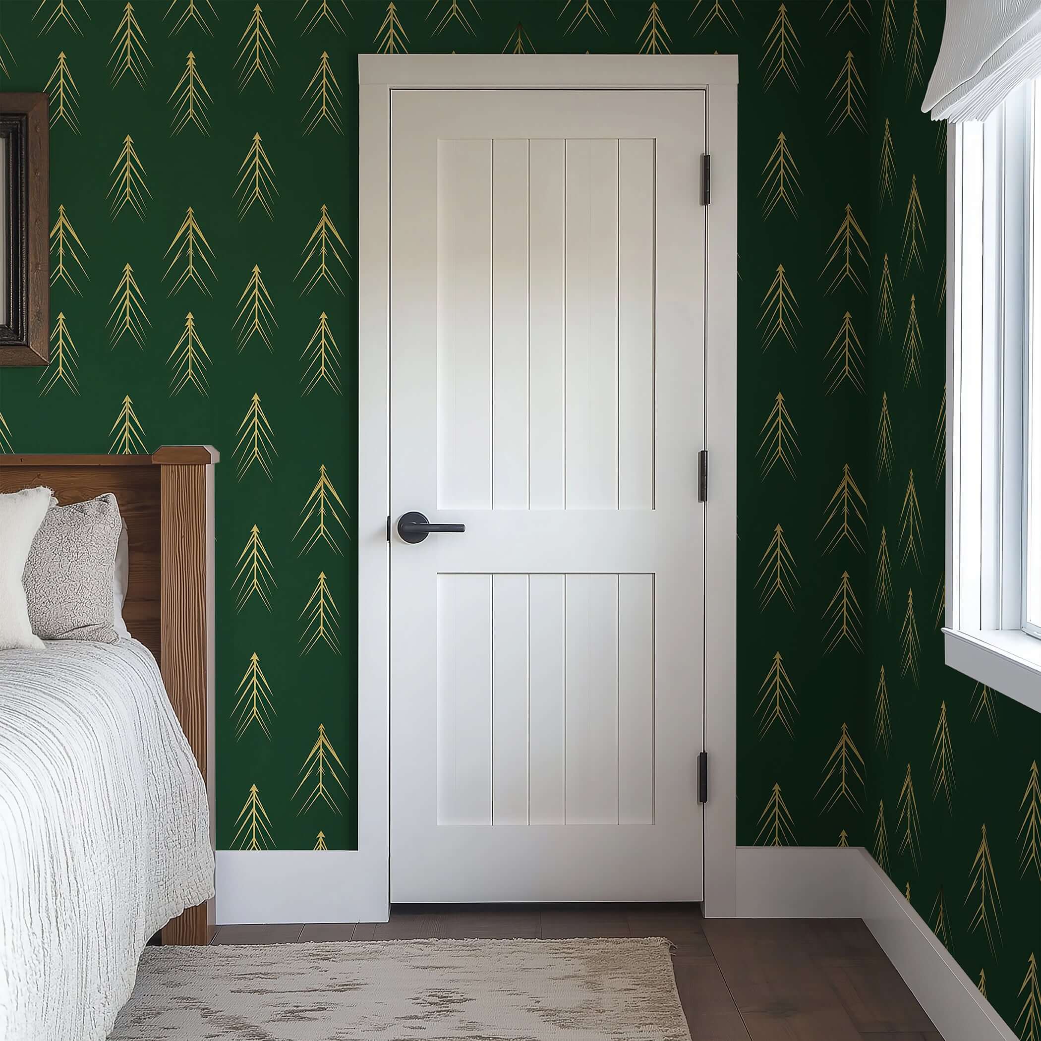 Stylized golden evergreen tree wallpaper on forest green, modern Art Deco design for accent walls, featuring abstract tree silhouettes.