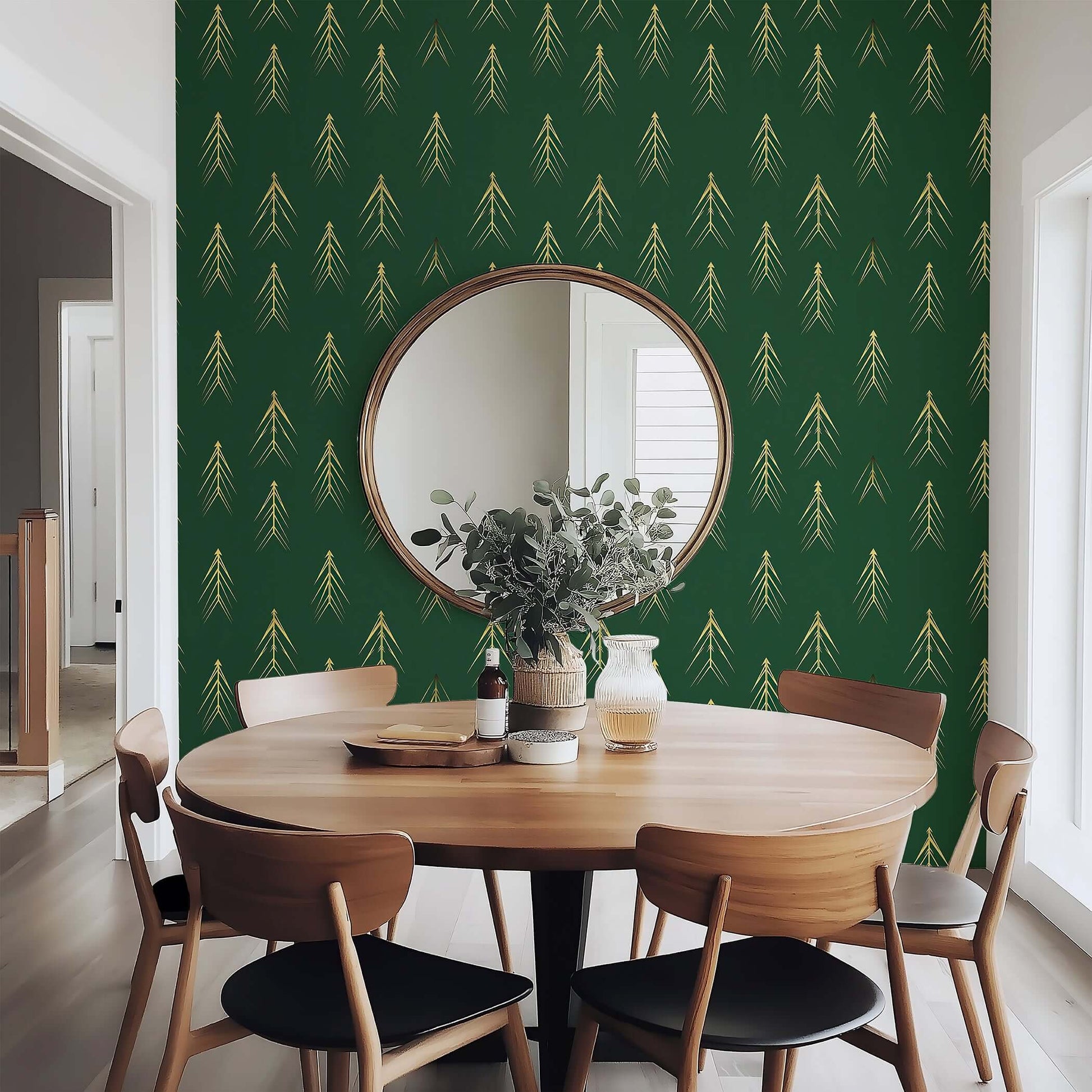Modern Evergreen Luxe wallpaper with golden tree design on green background, decorating a dining area with contemporary decor.