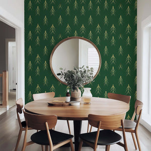 Modern Evergreen Luxe wallpaper with golden tree design on green background, decorating a dining area with contemporary decor.