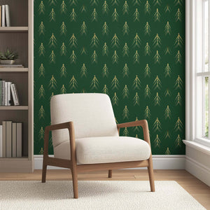 Stylized evergreen tree wallpaper on green backdrop with beige chair; modern, abstract design for contemporary interiors.