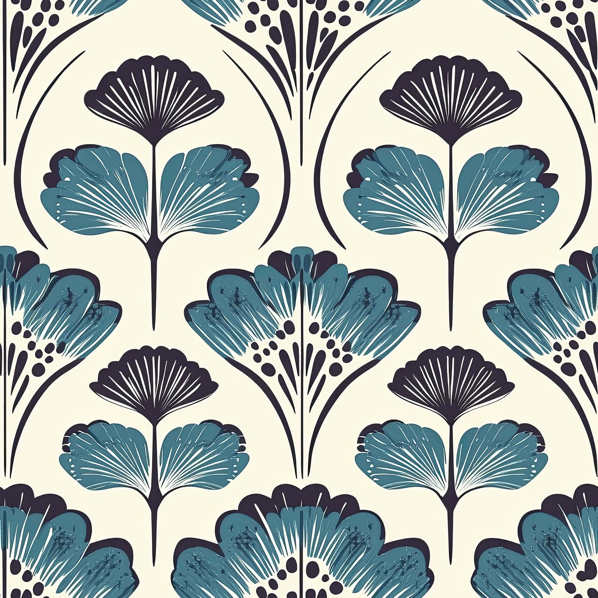 Mid-century floral chic wallpaper with teal and black abstract floral patterns on a cream background, ideal for accent walls. Keywords: florals, mid-century, damask.