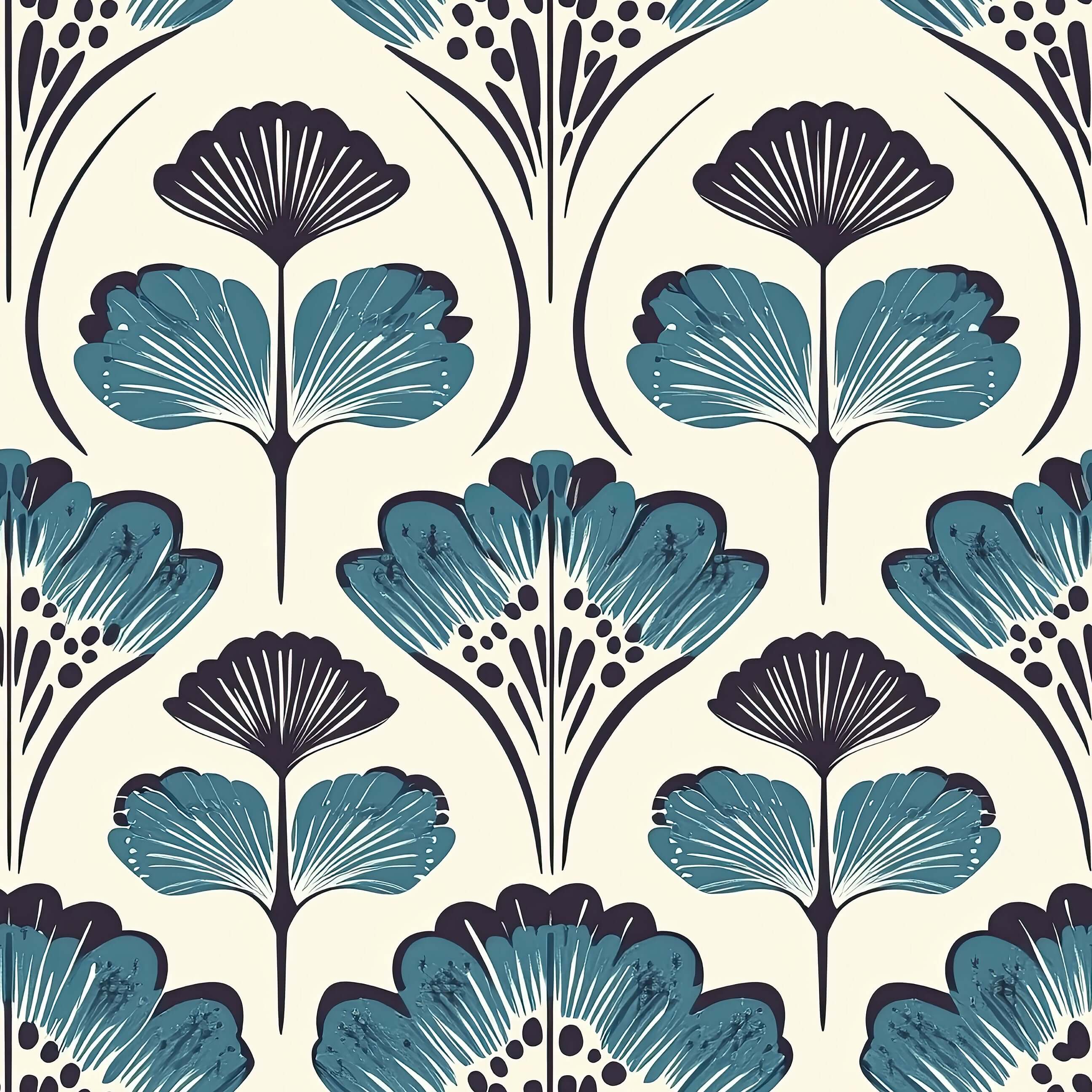 Mid-century floral chic wallpaper with teal and black abstract floral patterns on a cream background, ideal for accent walls. Keywords: florals, mid-century, damask.