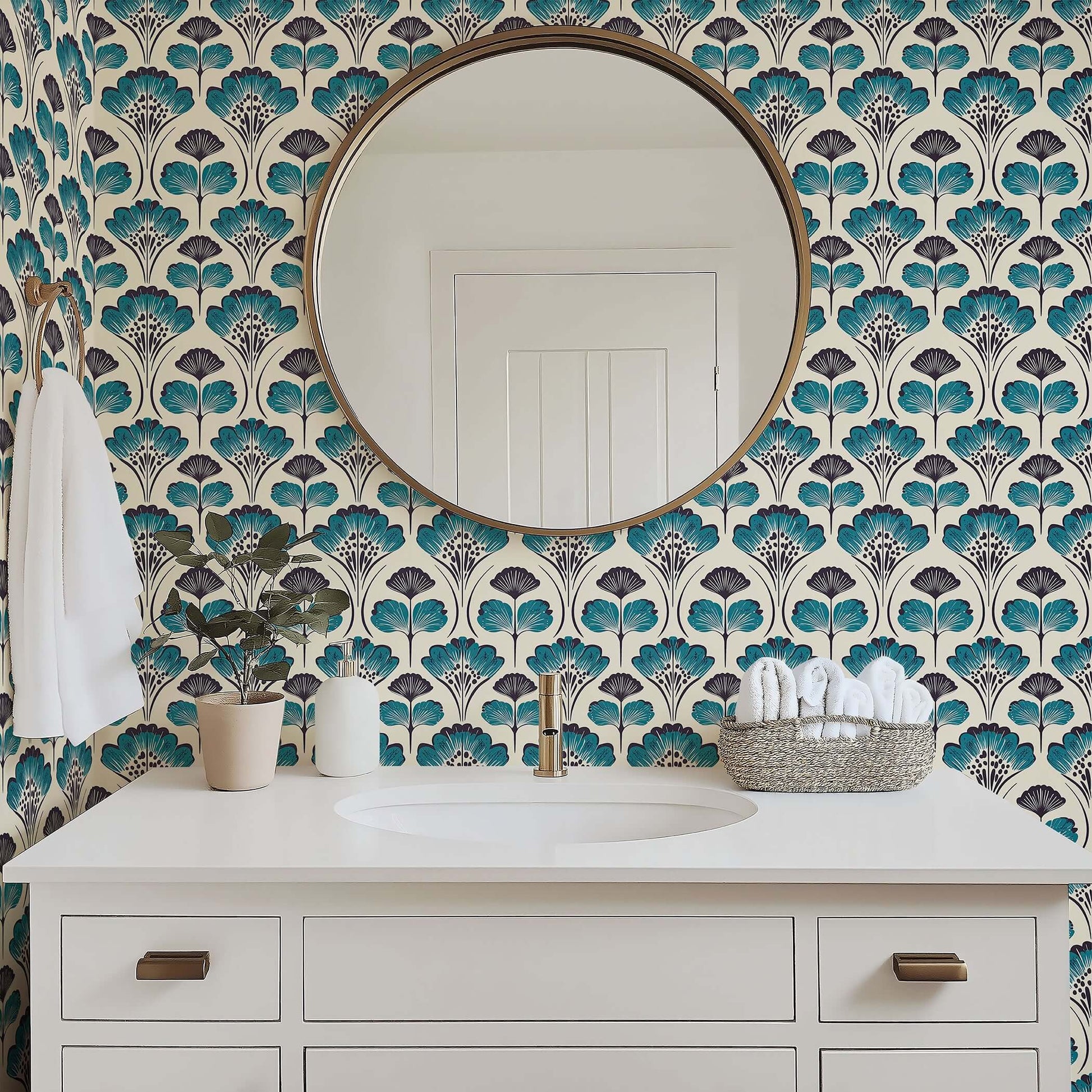 Mid-century floral chic wallpaper with teal and black abstract damask pattern in bathroom setting.