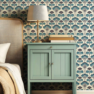 Mid-Century Floral Chic wallpaper with teal and black abstract floral pattern on cream background in a modern bedroom setting.