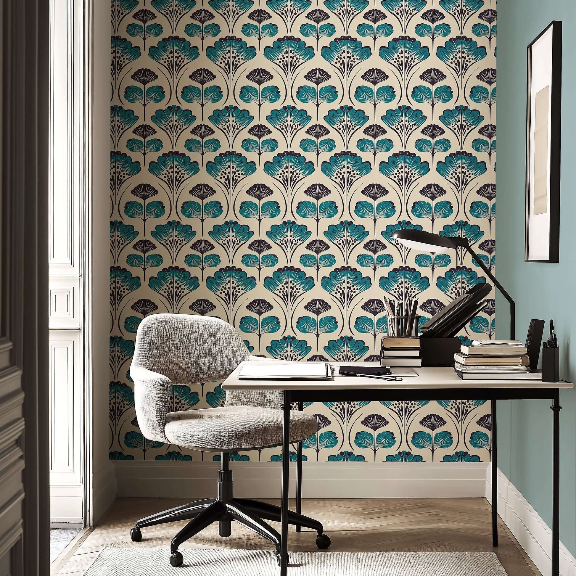 Mid-Century Floral Chic wallpaper with teal and black abstract flowers on a cream background, perfect for accent walls and creative spaces.