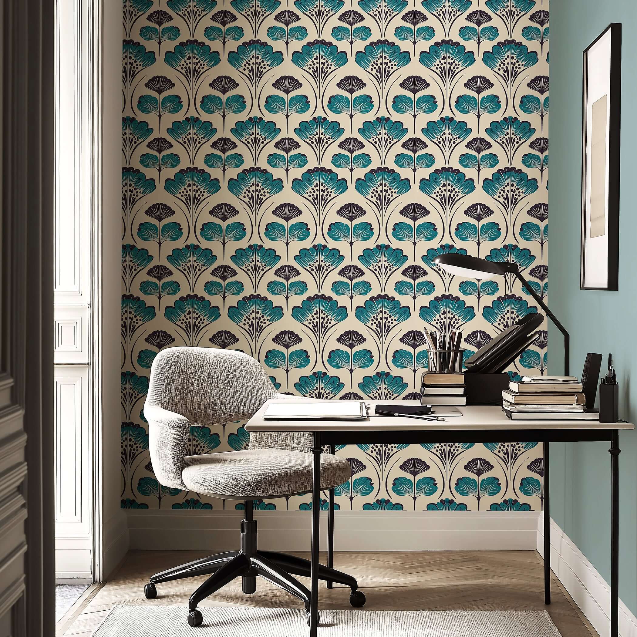 Mid-Century Floral Chic wallpaper with teal and black abstract flowers on a cream background, perfect for accent walls and creative spaces.