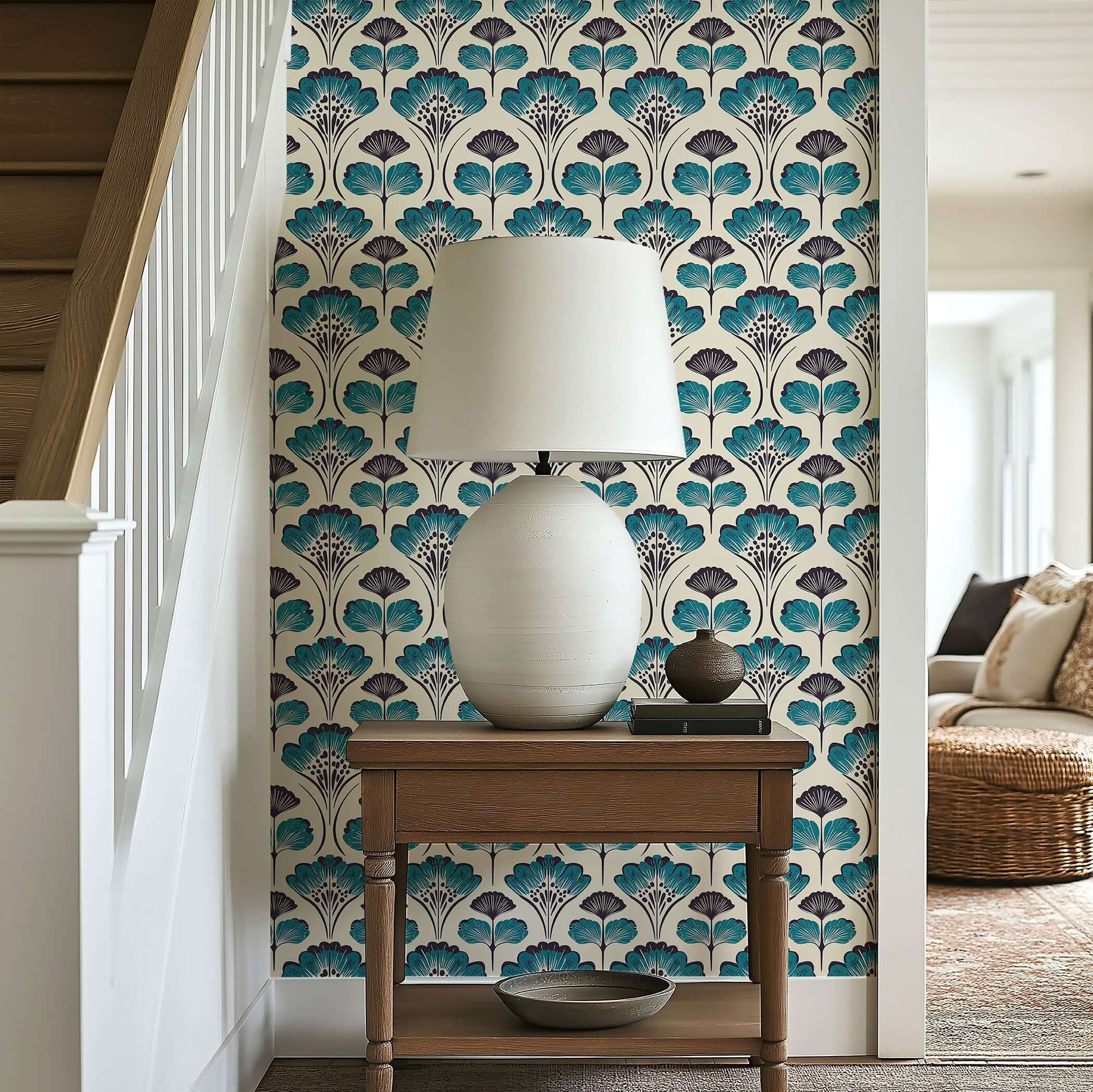 Mid-century floral chic wallpaper with abstract teal and black flowers on cream backdrop, ideal for accent walls or entryways.