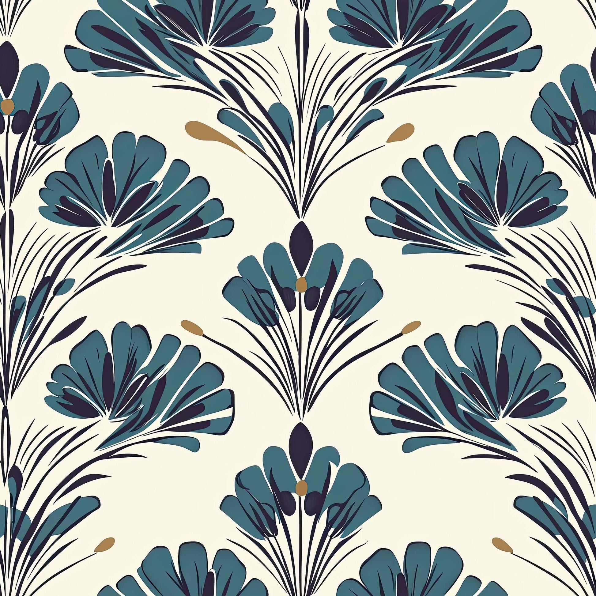 Teal Garden Grandeur wallpaper showcases bold teal florals with black stems on ivory, ideal for mid-century and damask styled interiors.