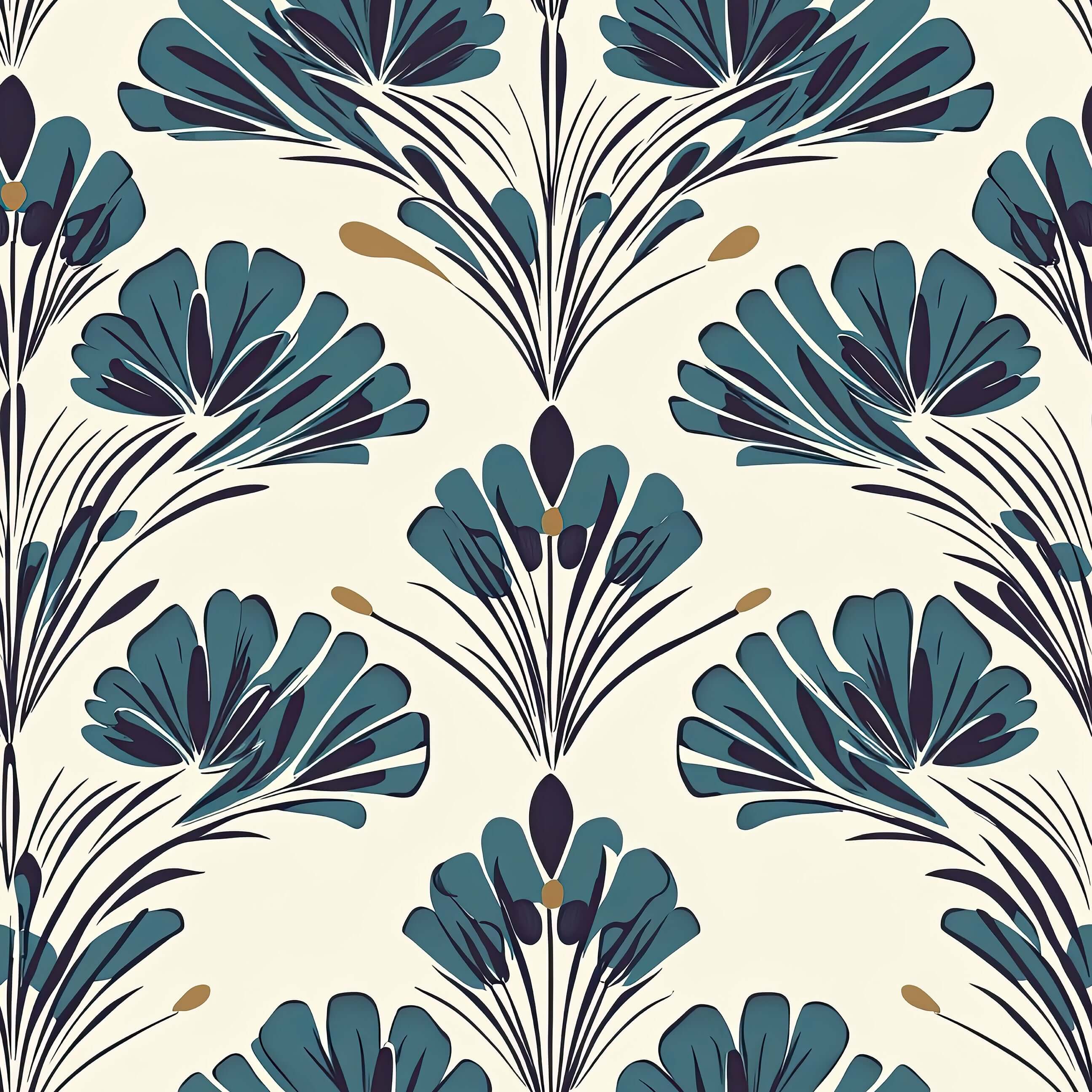 Teal Garden Grandeur wallpaper showcases bold teal florals with black stems on ivory, ideal for mid-century and damask styled interiors.