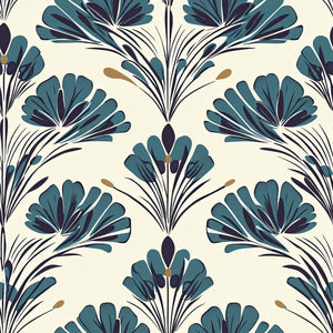 Teal Garden Grandeur wallpaper showcases bold teal florals with black stems on ivory, ideal for mid-century and damask styled interiors.