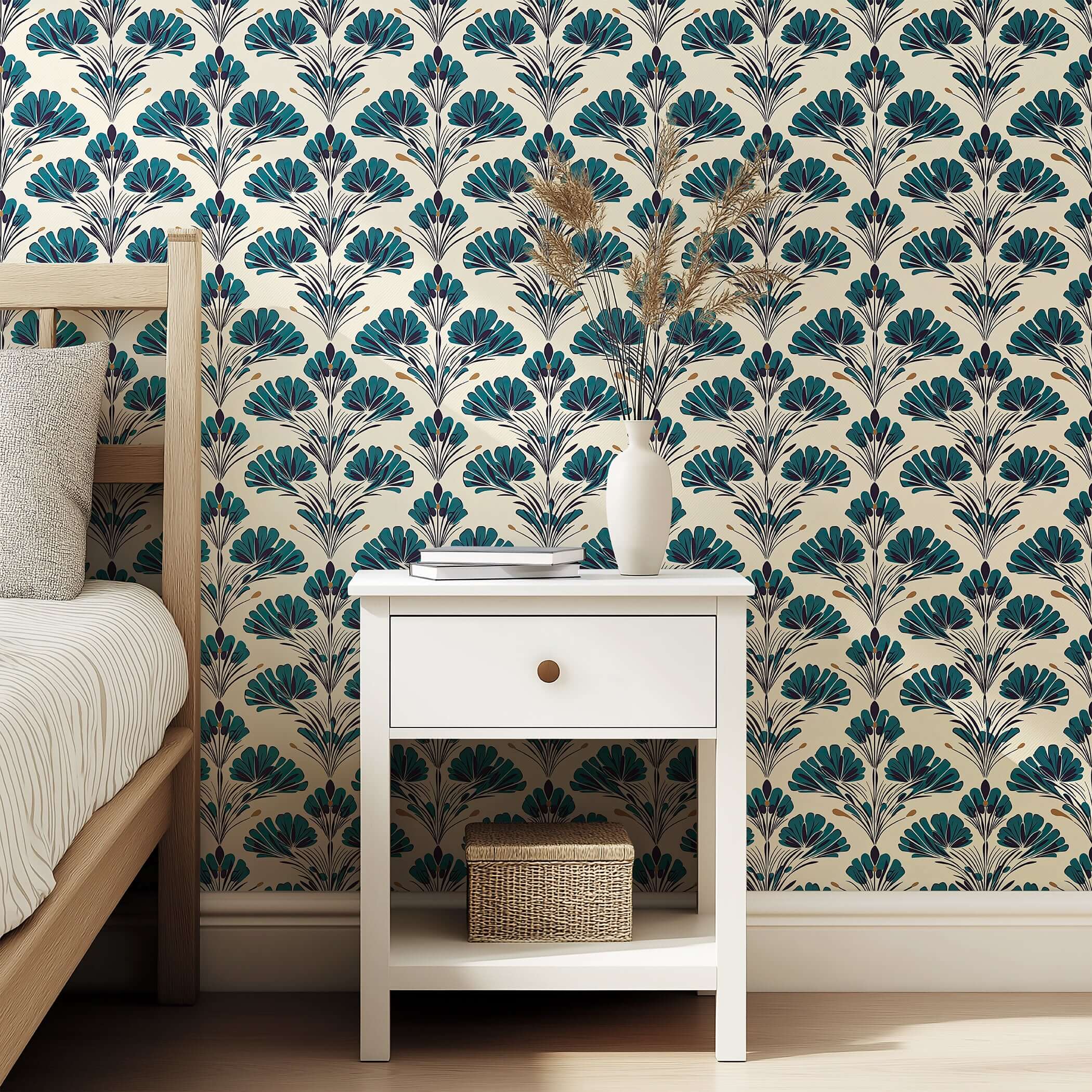 Teal Garden Grandeur wallpaper with teal florals, black stems on ivory. Mid-century damask style adding elegance to interiors.