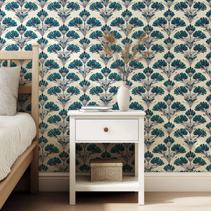 Teal Garden Grandeur wallpaper with teal florals, black stems on ivory. Mid-century damask style adding elegance to interiors.