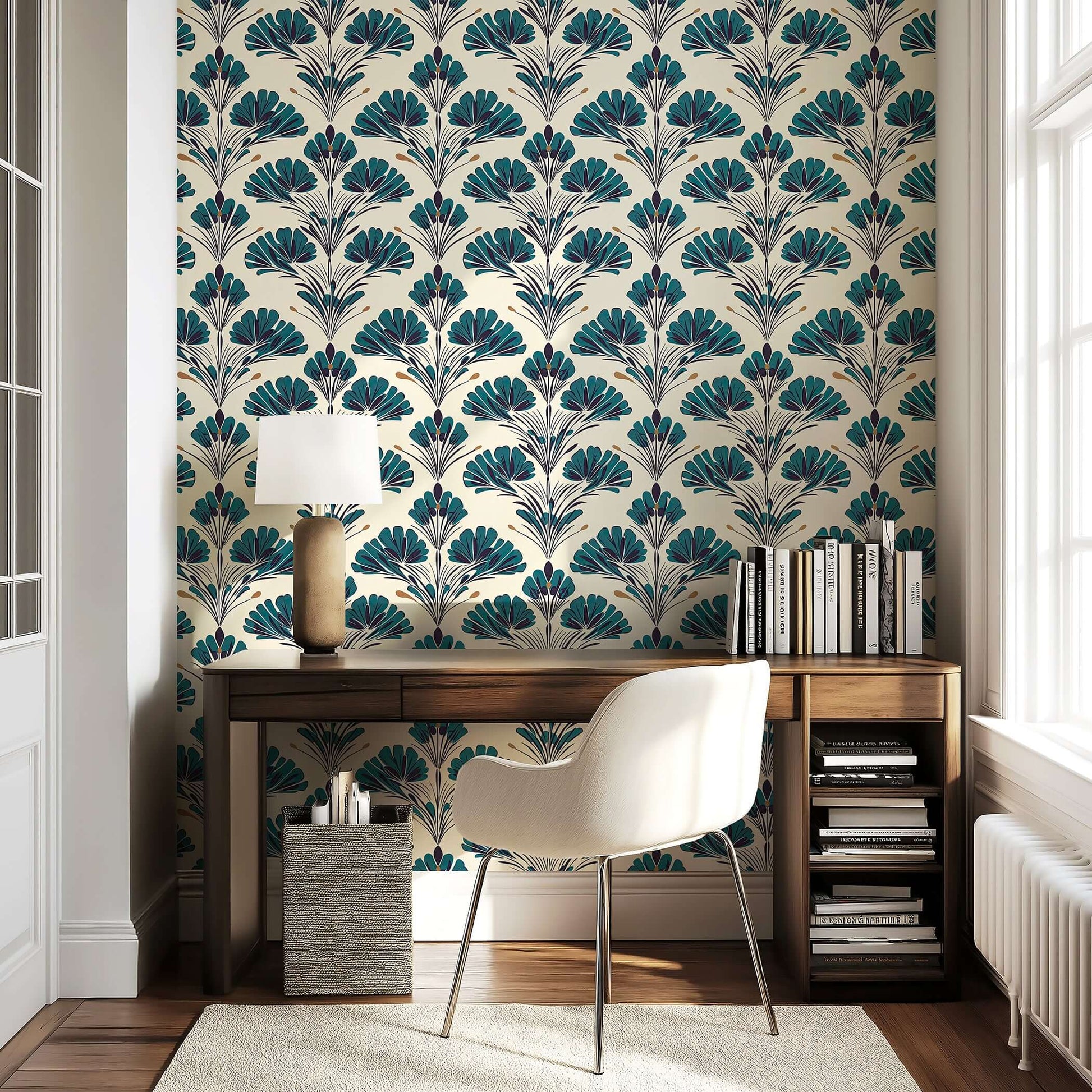 Teal Garden Grandeur wallpaper with teal florals, black stems, ivory backdrop; perfect for mid-century or contemporary interiors.