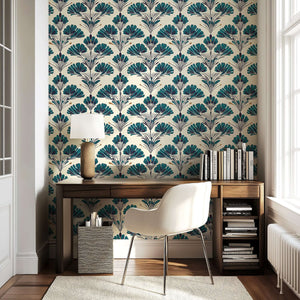 Teal Garden Grandeur wallpaper with teal florals, black stems, ivory backdrop; perfect for mid-century or contemporary interiors.