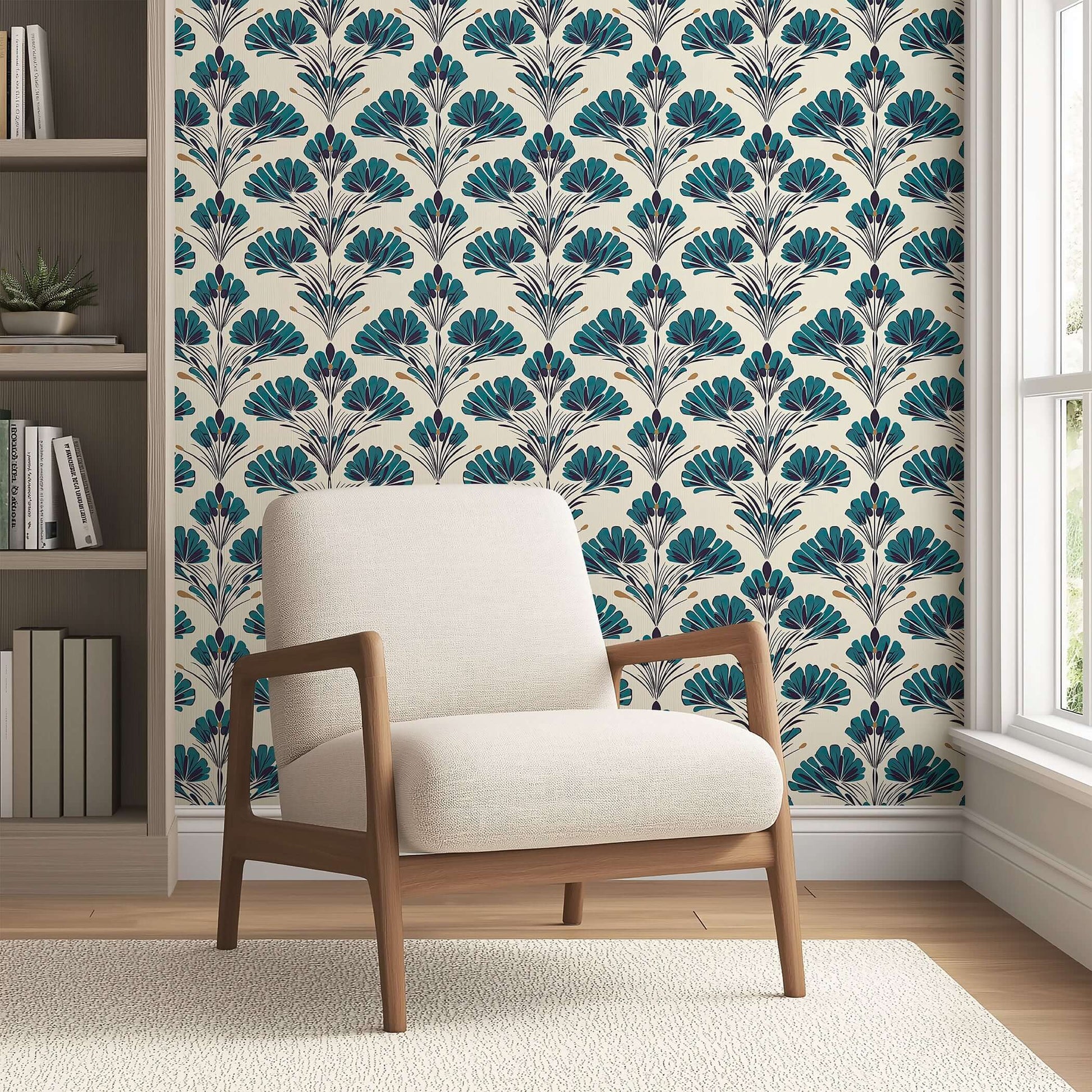 Teal Garden Grandeur wallpaper with teal florals and black stems on ivory backdrop, complements mid-century and damask decor.