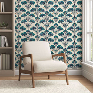 Teal Garden Grandeur wallpaper with teal florals and black stems on ivory backdrop, complements mid-century and damask decor.