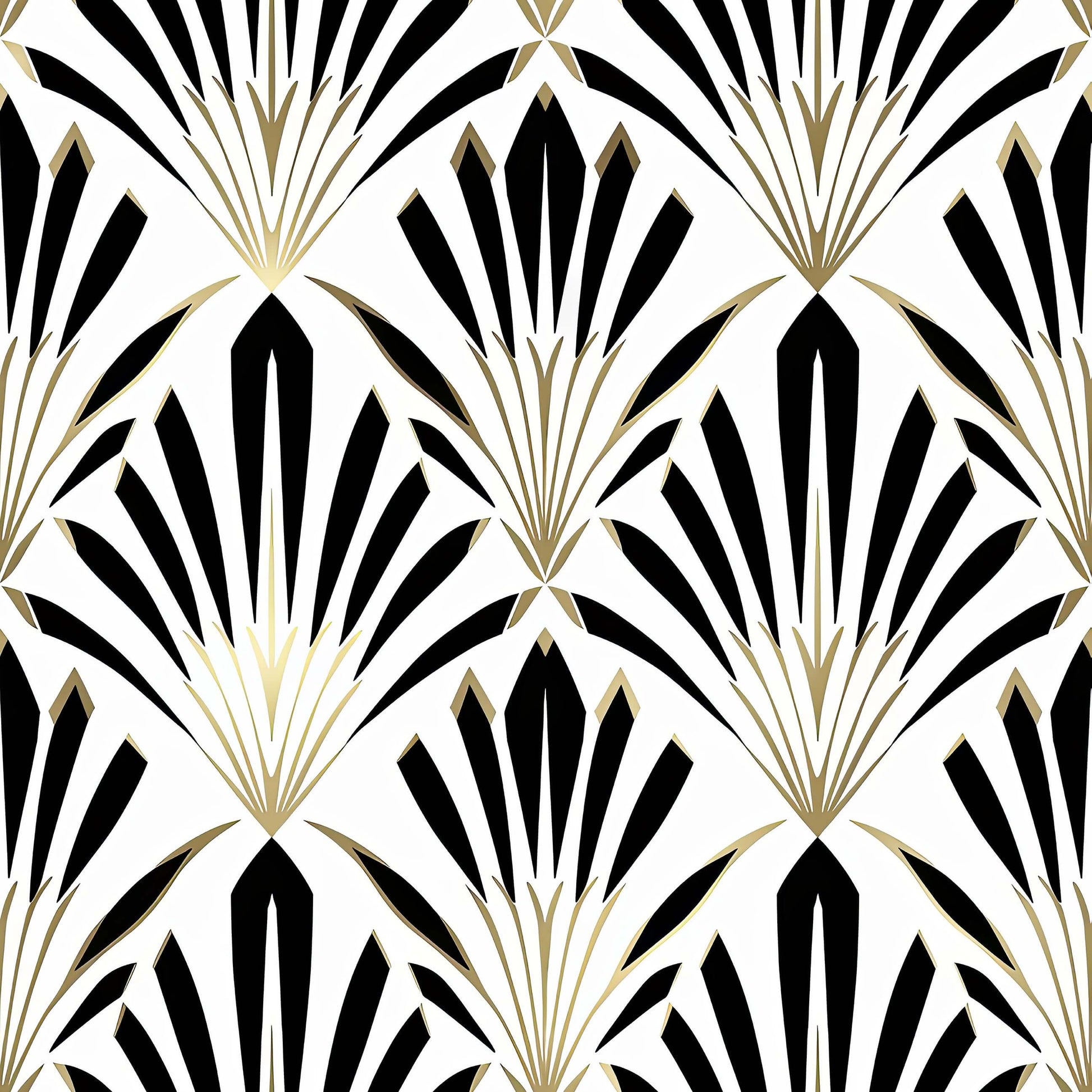 Bold Art Deco geometric wallpaper with black and white fan motifs and gold lines, ideal for stylish, modern interiors.